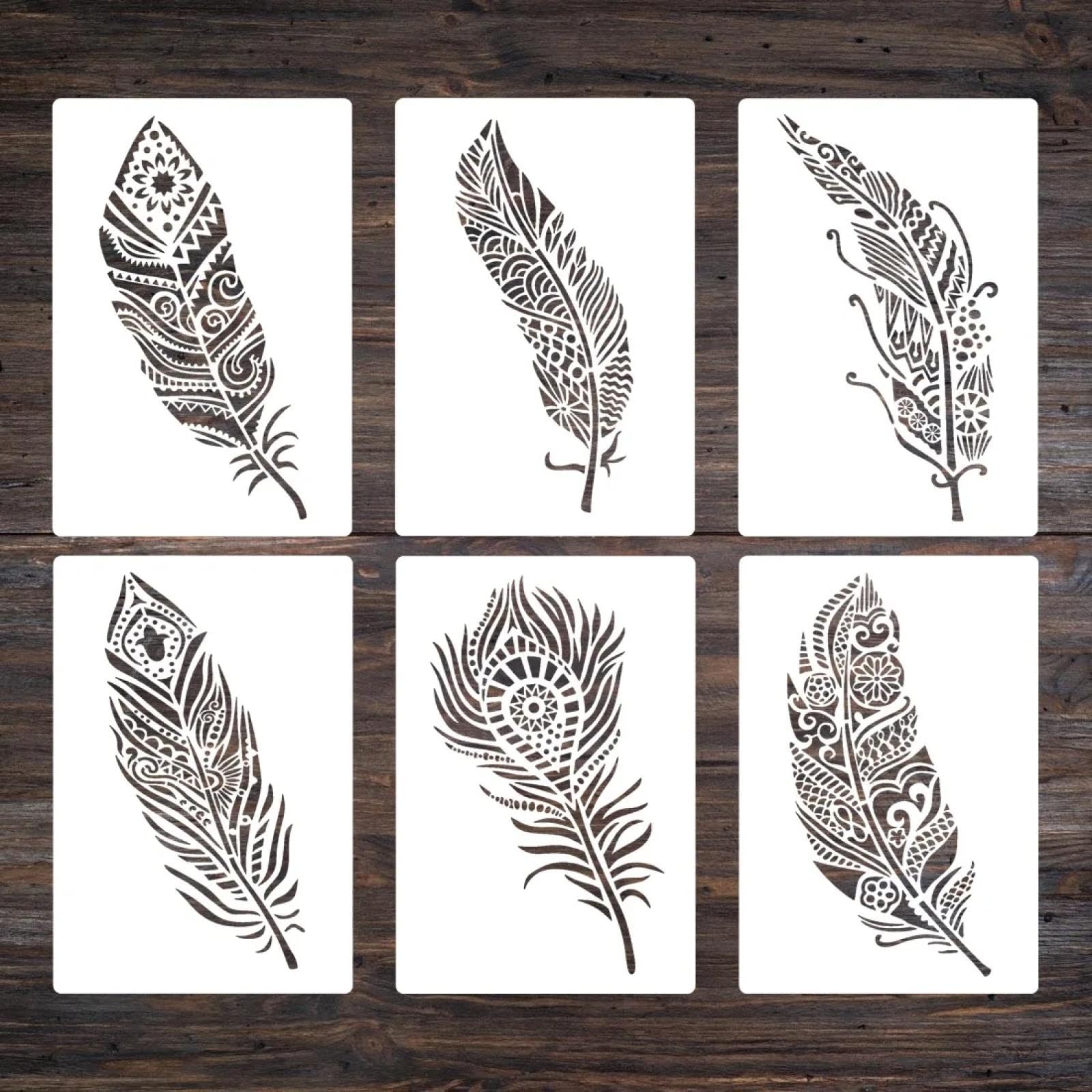 Lot de 6 pochoirs pour peinture, 26 cm, motif plume pour peinture sur bois, mur, toile, tissu, roche, panneaux, projets artistiques de bricolage, décoration d'intérieur