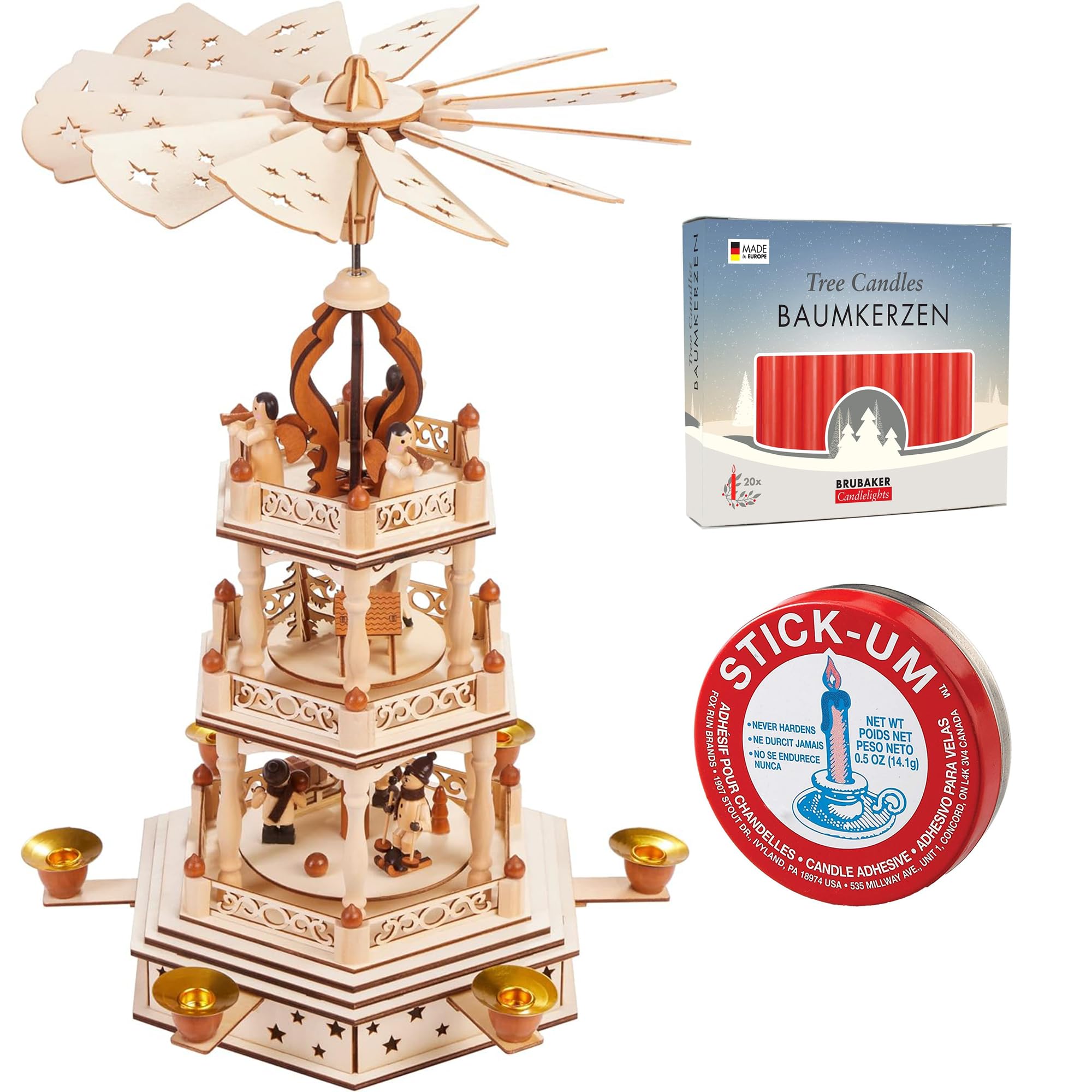 BRUBAKER Christmas Pyramid - 18 Inches - 3 Tier Carousel - Wooden Rotating Christmas Decoration Nativity Play - Hand-Painted Figures + 20 Red Candles + Stick-Um Candle Adhesive