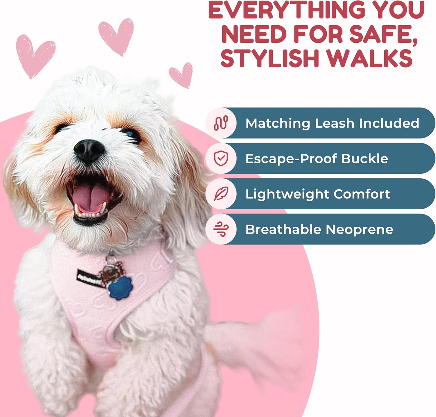 No Pull Harness and Leash Set – No Choke Neoprene Dog Harness for Large Dogs (40–60 lbs) – Pink - L, Lightweight Breathable Mesh with Unique Heart Pattern, Adjustable Fit