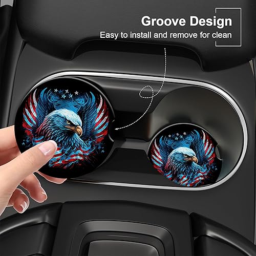 Miniatura 4 de Portavasos de automóvil con bandera del águila americana, posavasos para portavasos de automóvil, paquete de 2 posavasos de cerámica antideslizante