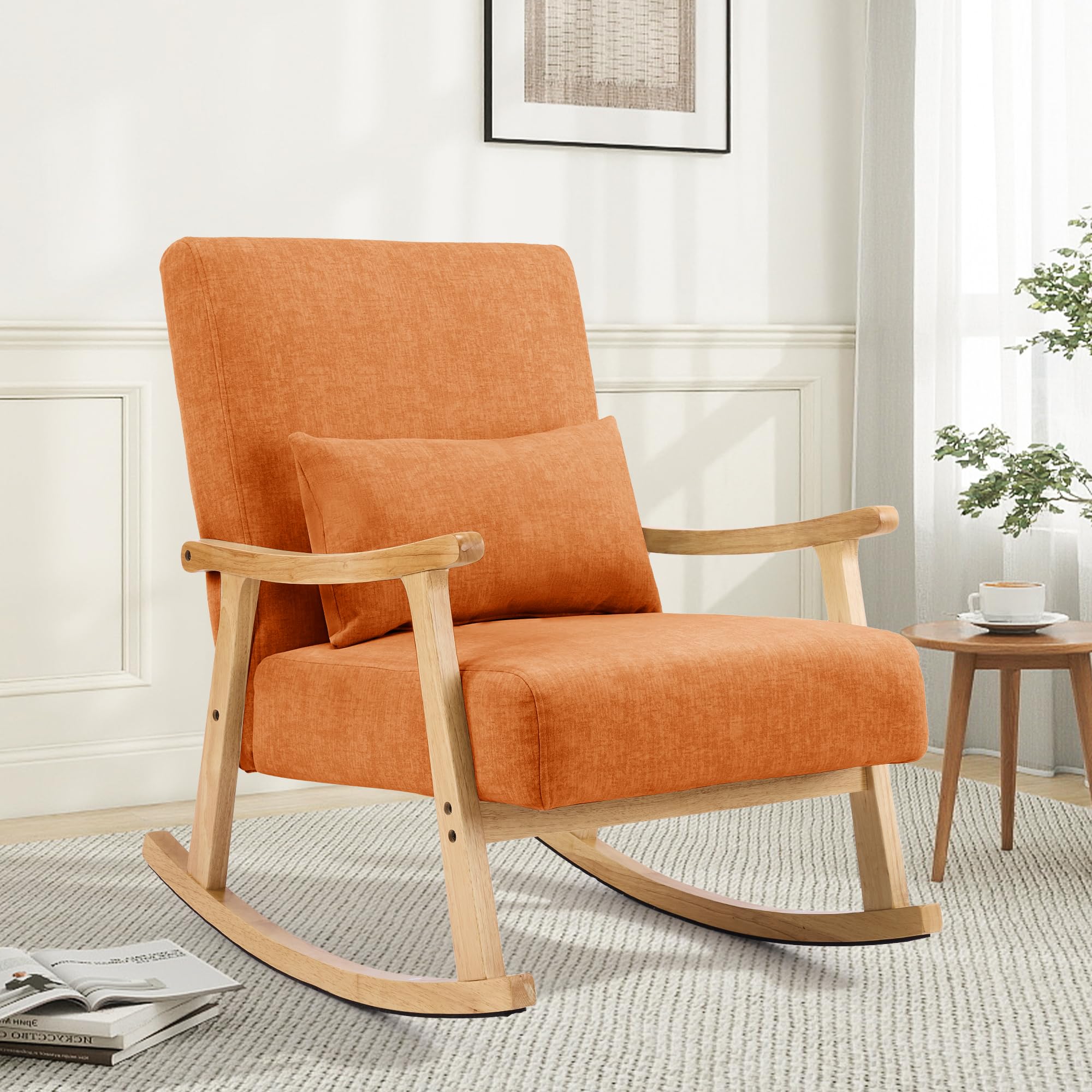 Aunekiv Rocking Chair Modern Upholstered Glider Rocker Chairs with Wood Legs Armchair for Small Spaces Indoor Living Room Bedroom, Orange
