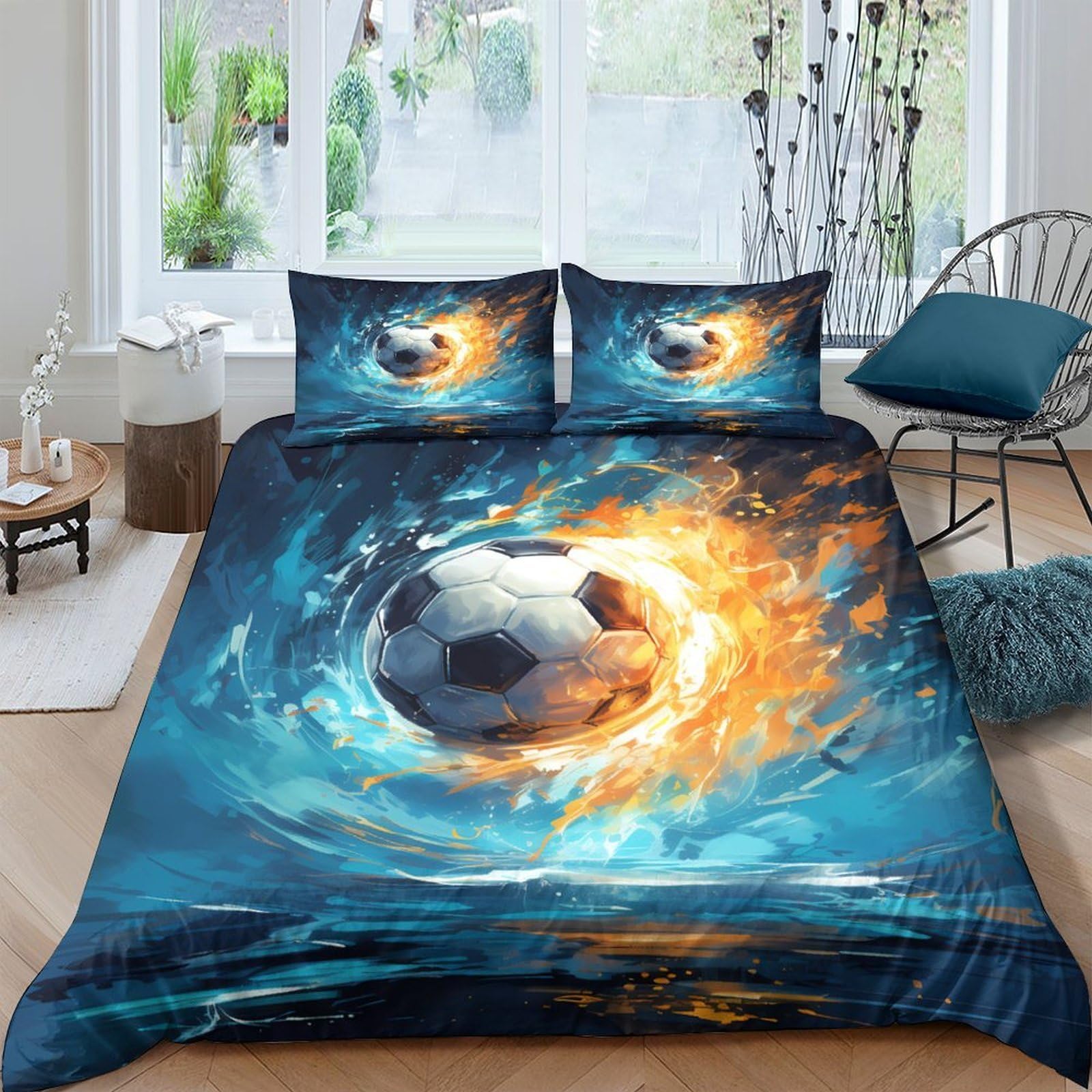Ctjqhvkz Style-3 3D Printed Fire Soccer Fitted Sheet Microfiber Blue Flame Bed Cover Non Slip Washable Bedroom Decor For Home Single（135X200cm）