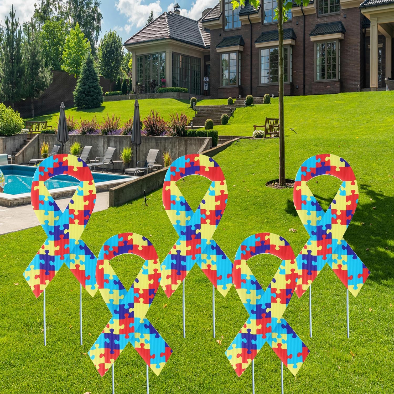 5pcs Large Ribbon Awareness Yard Signs with Metal Stakes 14" Ribbon Health Awareness Lawn Stakes Waterproof Patio Sign for Outdoor Garden Decorations/Autism