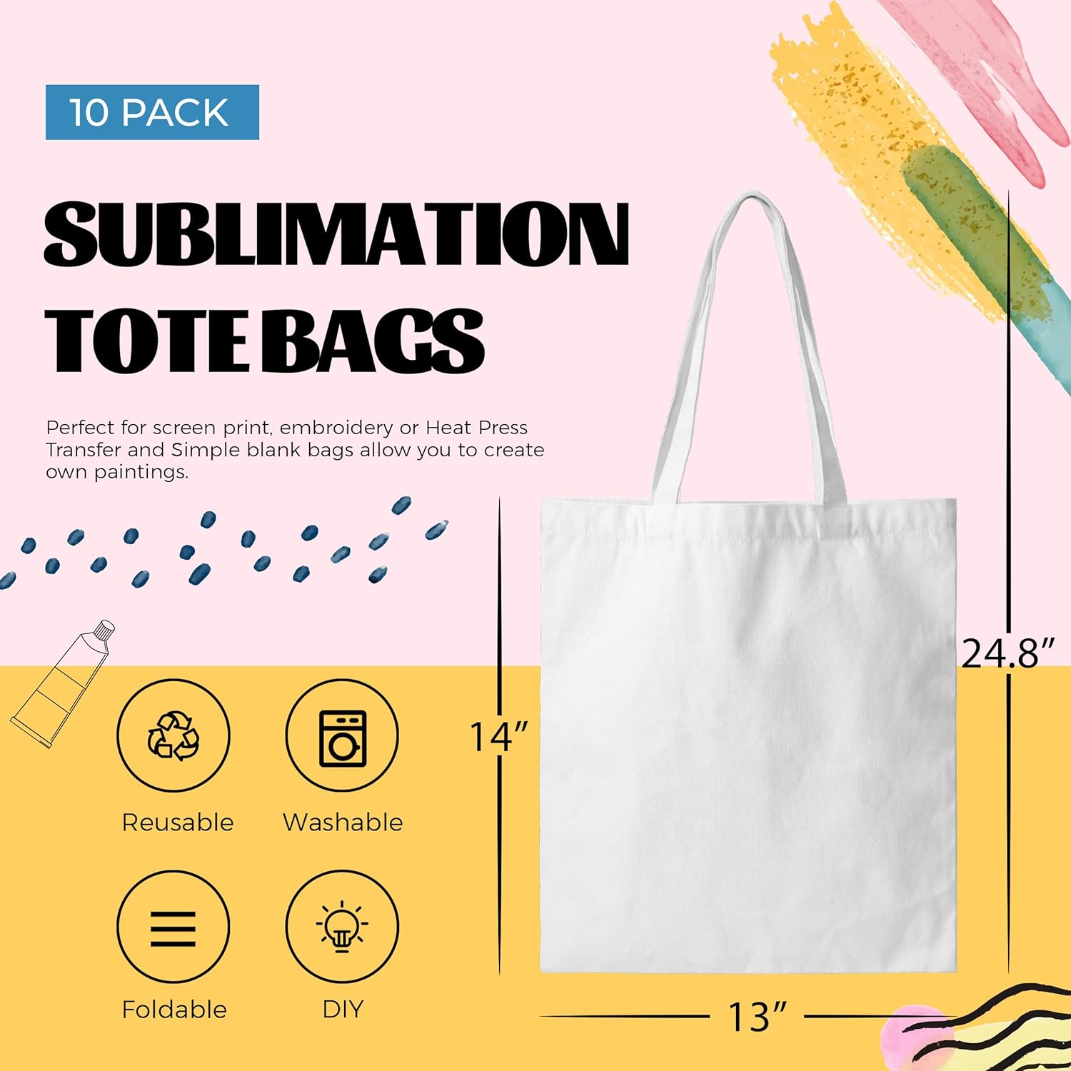 Joyclub 10 Pack Canvas Tote Bags Bulk Sublimation Blanks Tote Bags Polyester Medium Reusable Grocery Cloth Shopping Bags for Heat Transfer Tie Dye Advertising Painting Crafting DIY Gift - Image 3