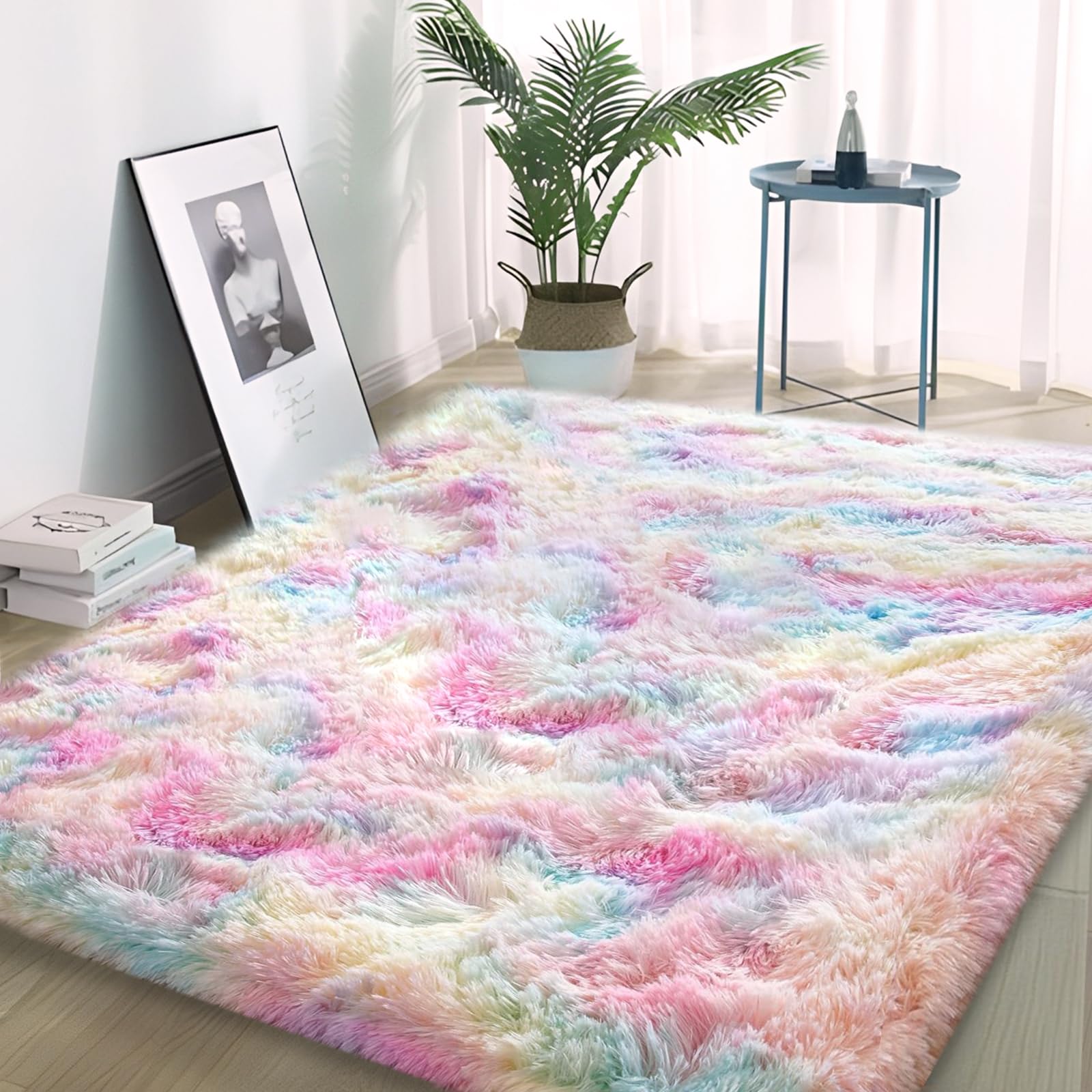Tappeto per camera da letto, 160 x 200 cm, soffice tappeto shag per comodino, soggiorno, cameretta dei bambini, cameretta dei bambini, arcobaleno