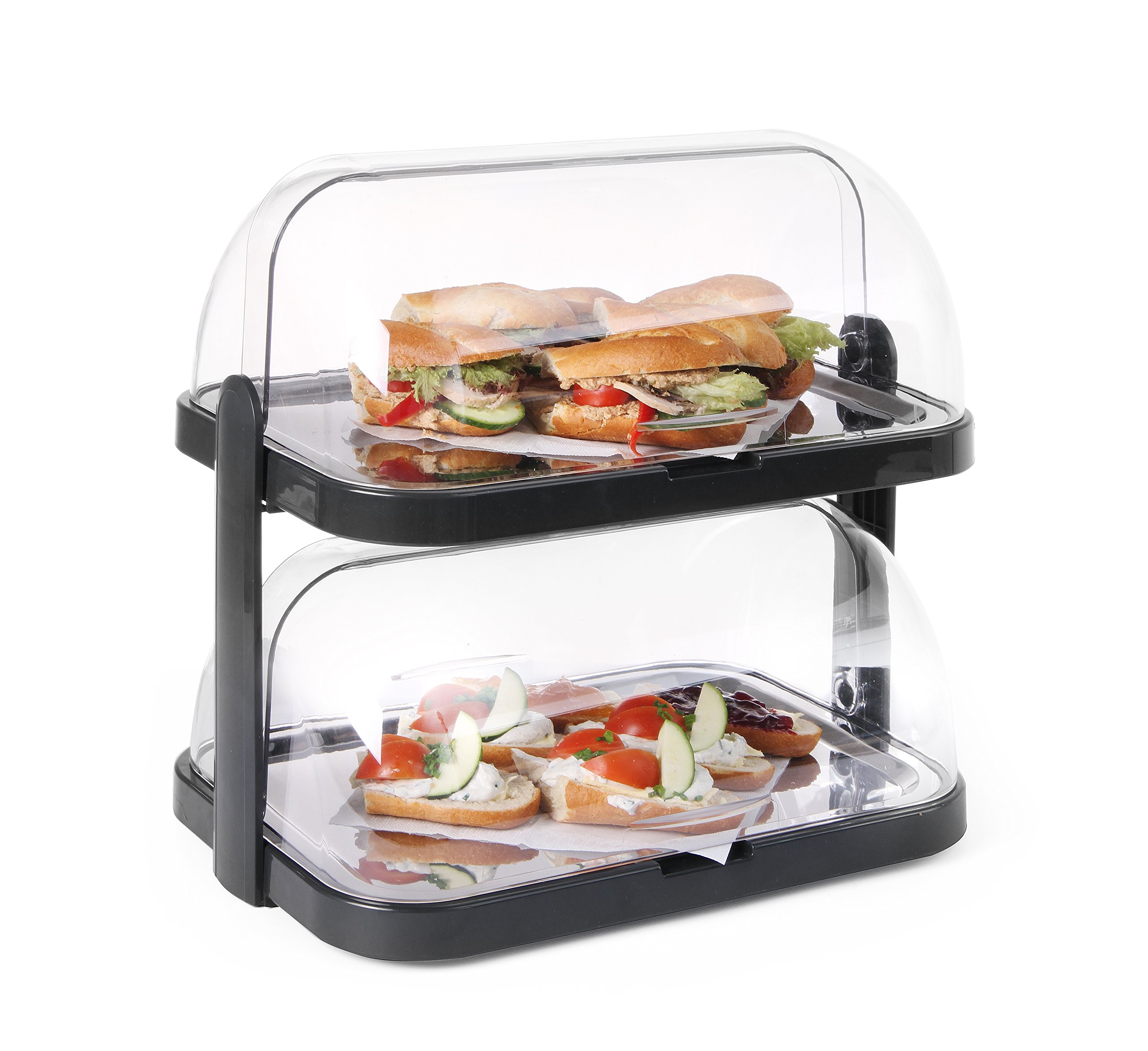 HENDI Vetrina espositiva refrigerata doppia con coperchi rotanti roll-top, set a 2 livelli con vassoi in acciaio inox, 4 elementi refrigeranti, 440x320x(H)440mm, nero, ABS, SAN