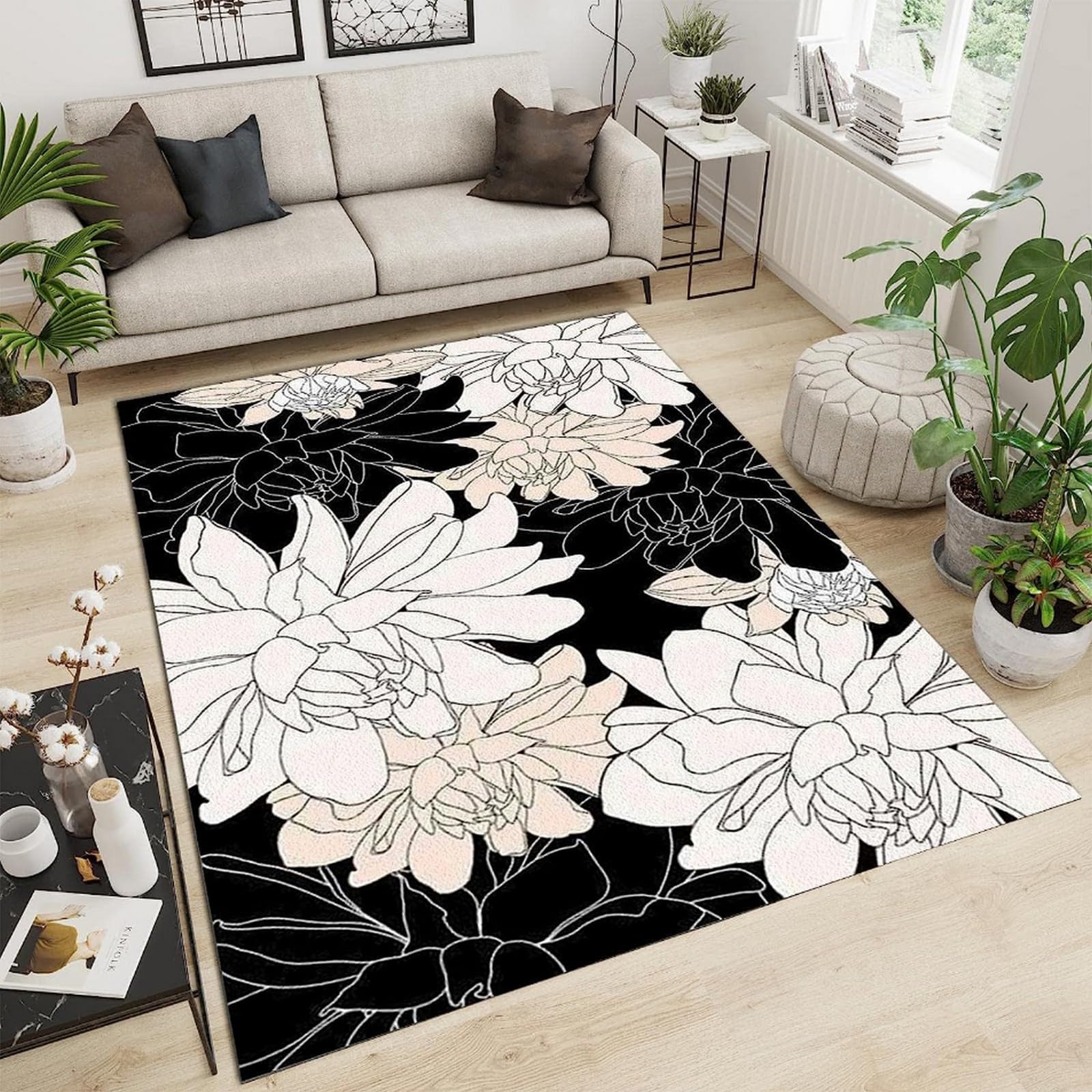 Fleur de lotus simple et belle tapis de salon moderne haut de gamme en flanelle 3D noir et blanc