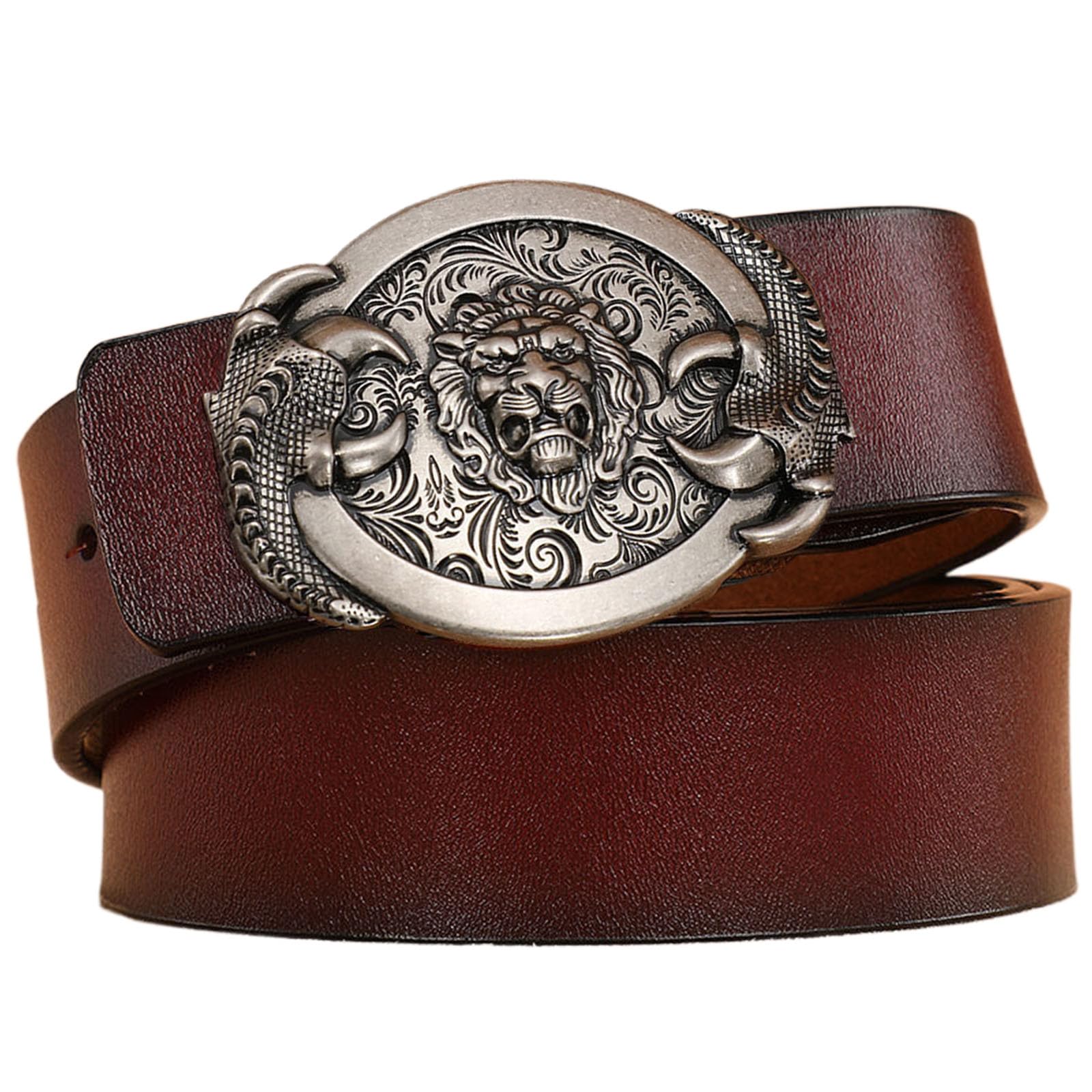 Wrjahcg Unisex Brown A Belt Men, Western Cowboy Belts For Men, Leather Belt With Lion Pattern Oval Alloy Decorative Buckle,,110Cm/43.3''