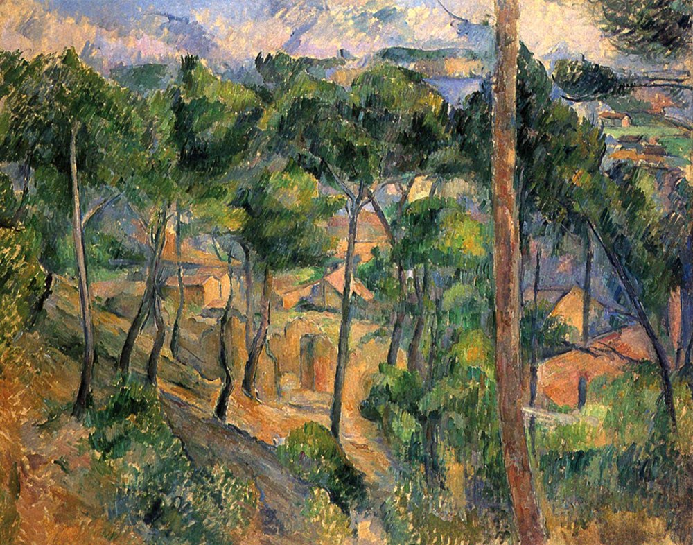 Toile Paul Cézanne paysage de grands arbres déco salon grand format avec cadre marron élégant