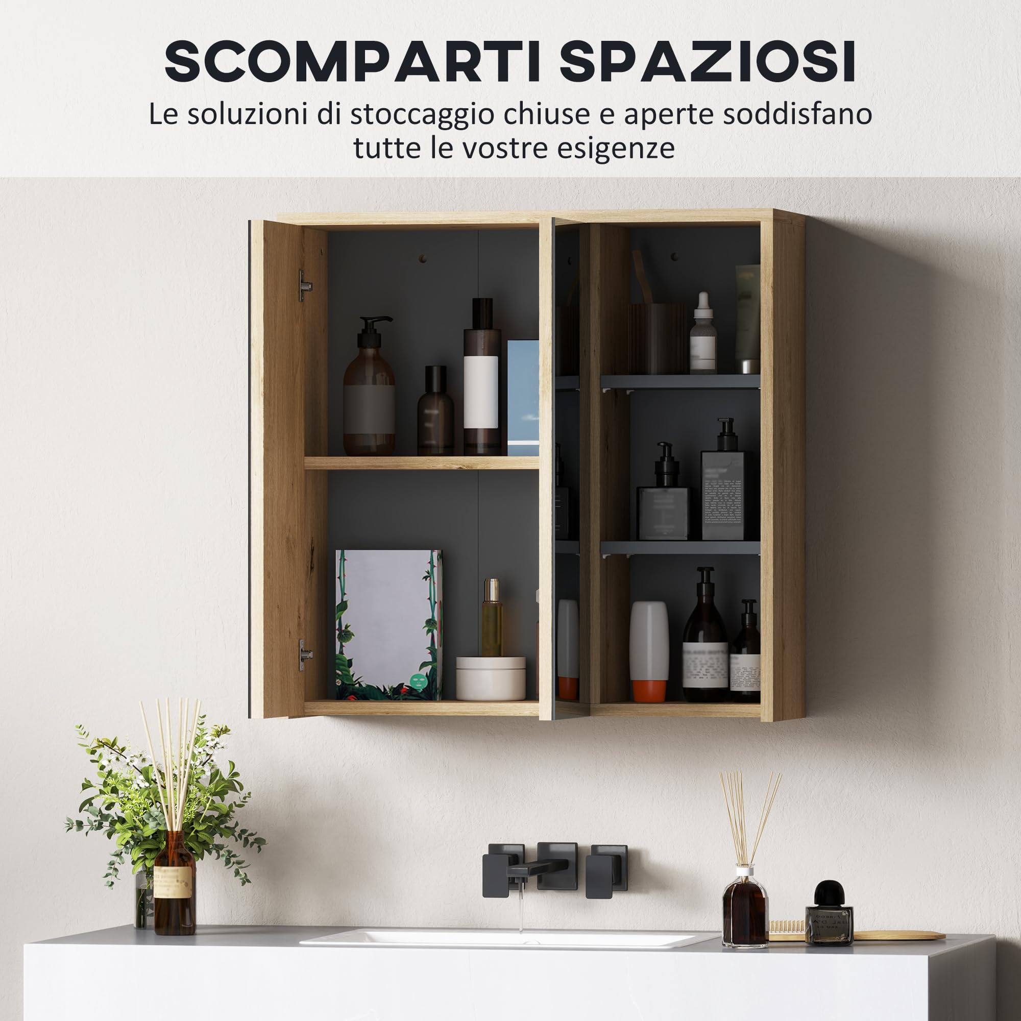 HOMCOM Specchio Bagno Contenitore con 2 Ante Vetro 60x20x60 cm Naturale | Mobile con Specchio, Scomparto Aperto, Mobiletto da Parete Salvaspazio, Specchiera Bagno