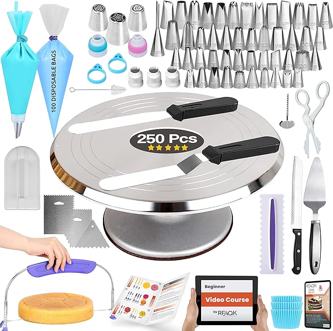 RFAQK 250 PCs Aluminum Cake Turntable 12"Cake Decorating Kit Supplies
