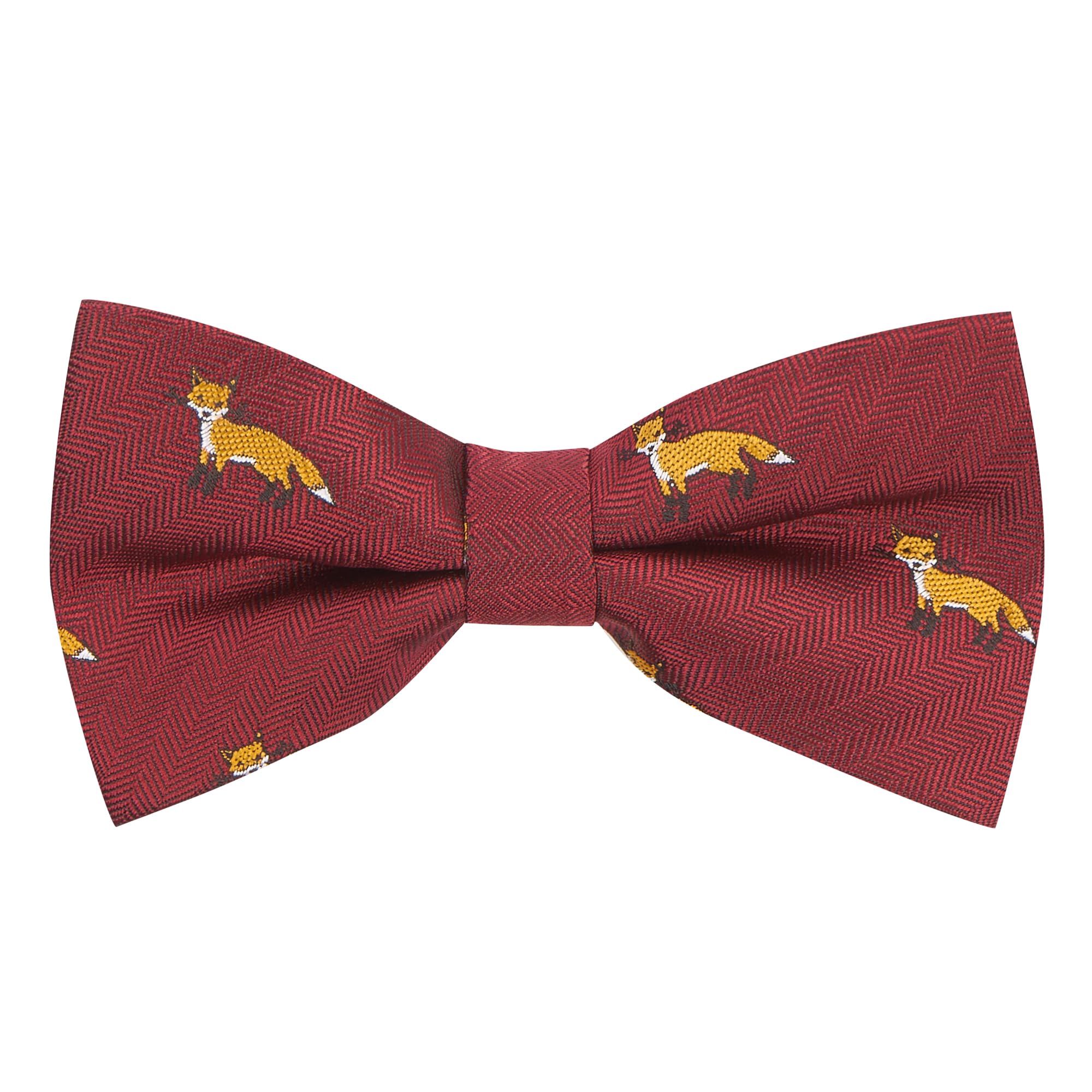 King & Priory Burgundy Red Herringbone Embroidered Fox Bow Tie