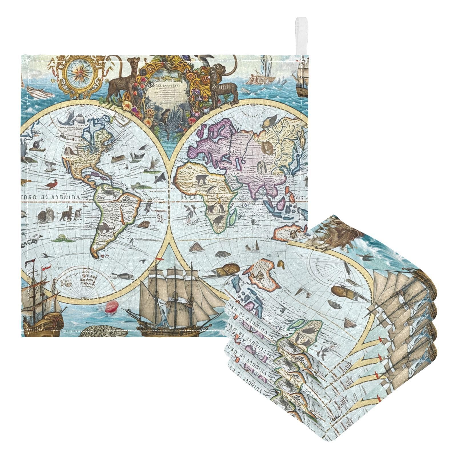 Kigai Retro World Map Baby Washcloths,5pcs Ultra Soft Absorbent Towel,Newborn Bath Face Towel, Natural Reusable Baby Wipes for Sensitive Skin, Baby Registry as Shower