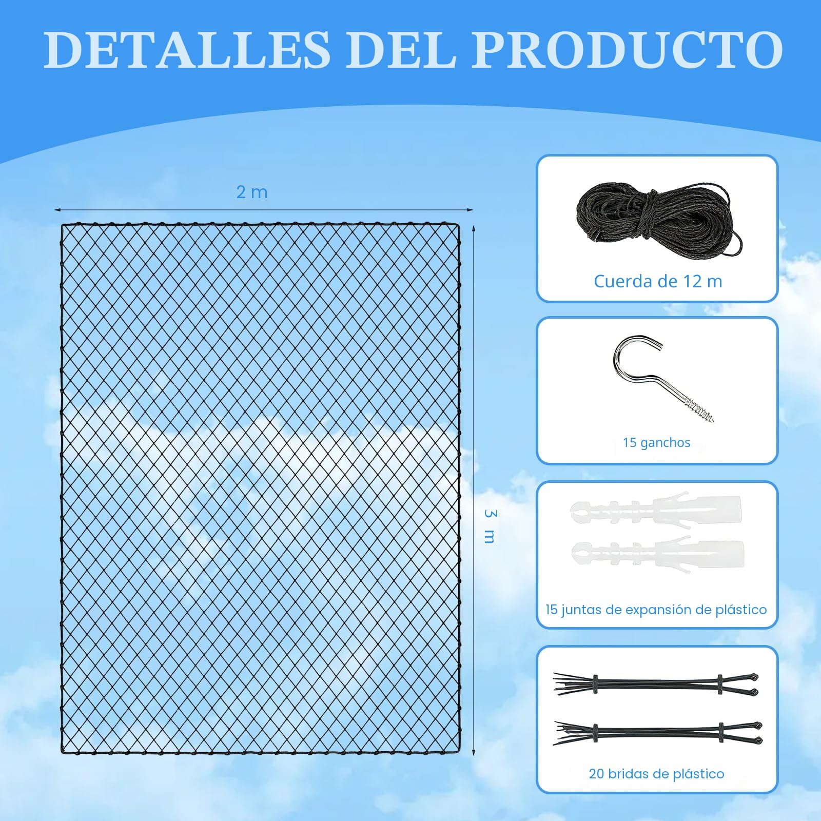 Red para Gatos de Balcón 3x2 m, Red de Seguridad para Gatos Reforzada con Alambre sin Taladrar, Red Protectora Negra para Balcón y Ventana, Resistente a Mordidas y Desgarros
