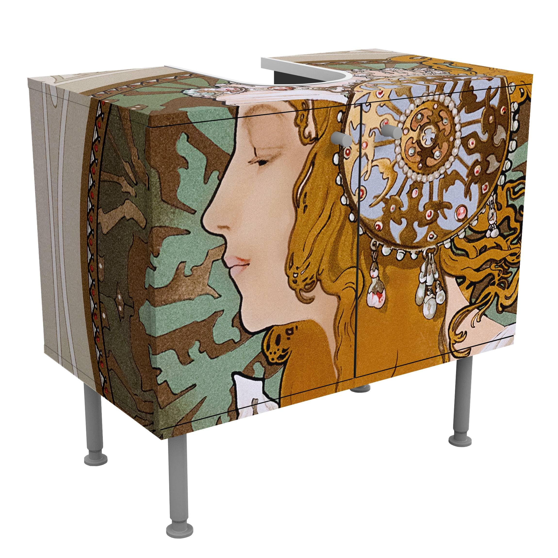 Waschbeckenunterschrank 2 Türen Kunst höhenverstellbar mit Füßen - 60er Breite - originell Retro Vintage Unterschrank beige Bad Gäste WC Möbel mit Motiv 1733