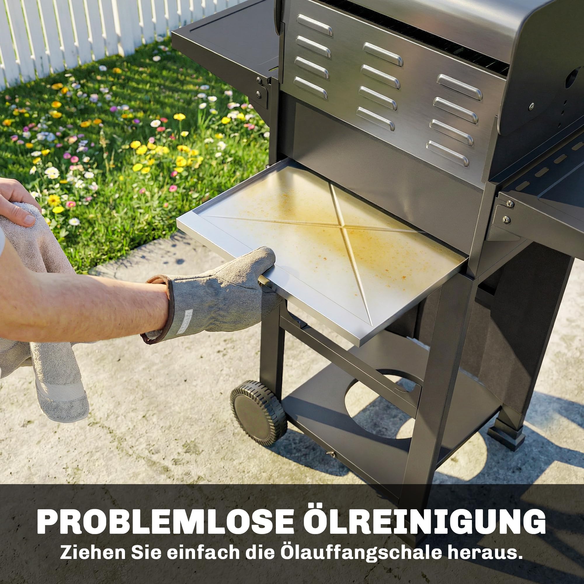 Outsunny Gasgrill 5,4 KW 2 Brenner Stahl BBQ Grillwagen inkl klappbar Seitentisch Thermometer verchromter Grillrost Warmhalterost Rolle Unterschrank, Gas-Grill für Balkon Party BBQ Schwarz