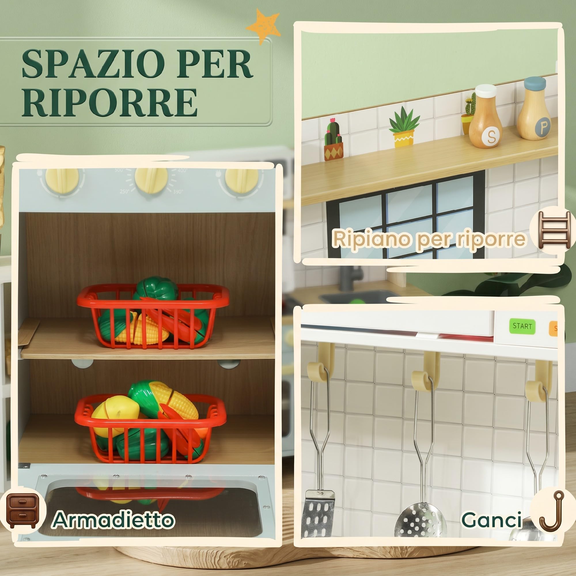 AIYAPLAY Cucina Giocattolo per Bambini 3+ Anni 72x33x85.2 cm Bianco Blu | Armadietti e Fornelli, in Acciaio Inox, Legno e PP