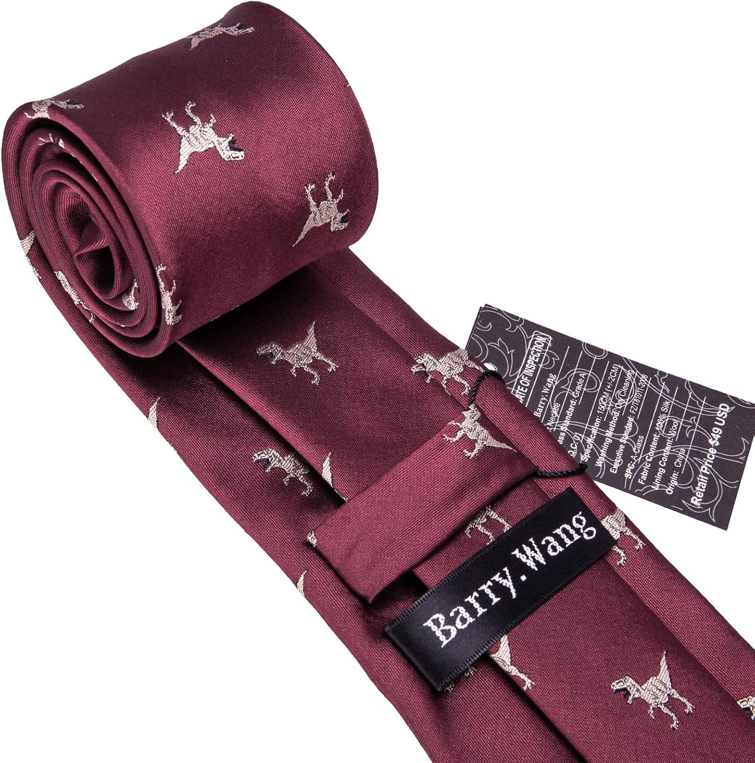 Barry.Wang Fun Animal Ties for Men Designer Handkerchief Cufflink WOVEN Casual Necktie Set A Burgundy Dinasour