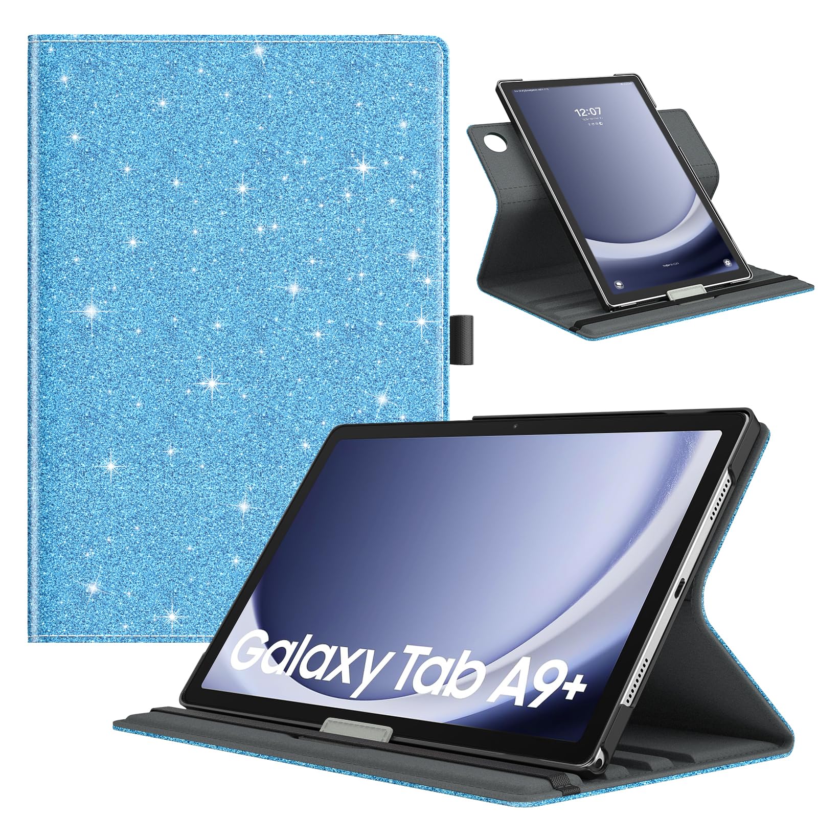 TiMOVO Drehbar Hülle Kompatibel mit Samsung Galaxy Tab A9+/A9 Plus 11 Zoll 2023 SM-X210/X216/X218, 90 Grad Drehbar Ständer Hülle, Auto Schlaf/Aufwach Schutzhülle für Galaxy Tab A9+, Glitzer Himmelblau
