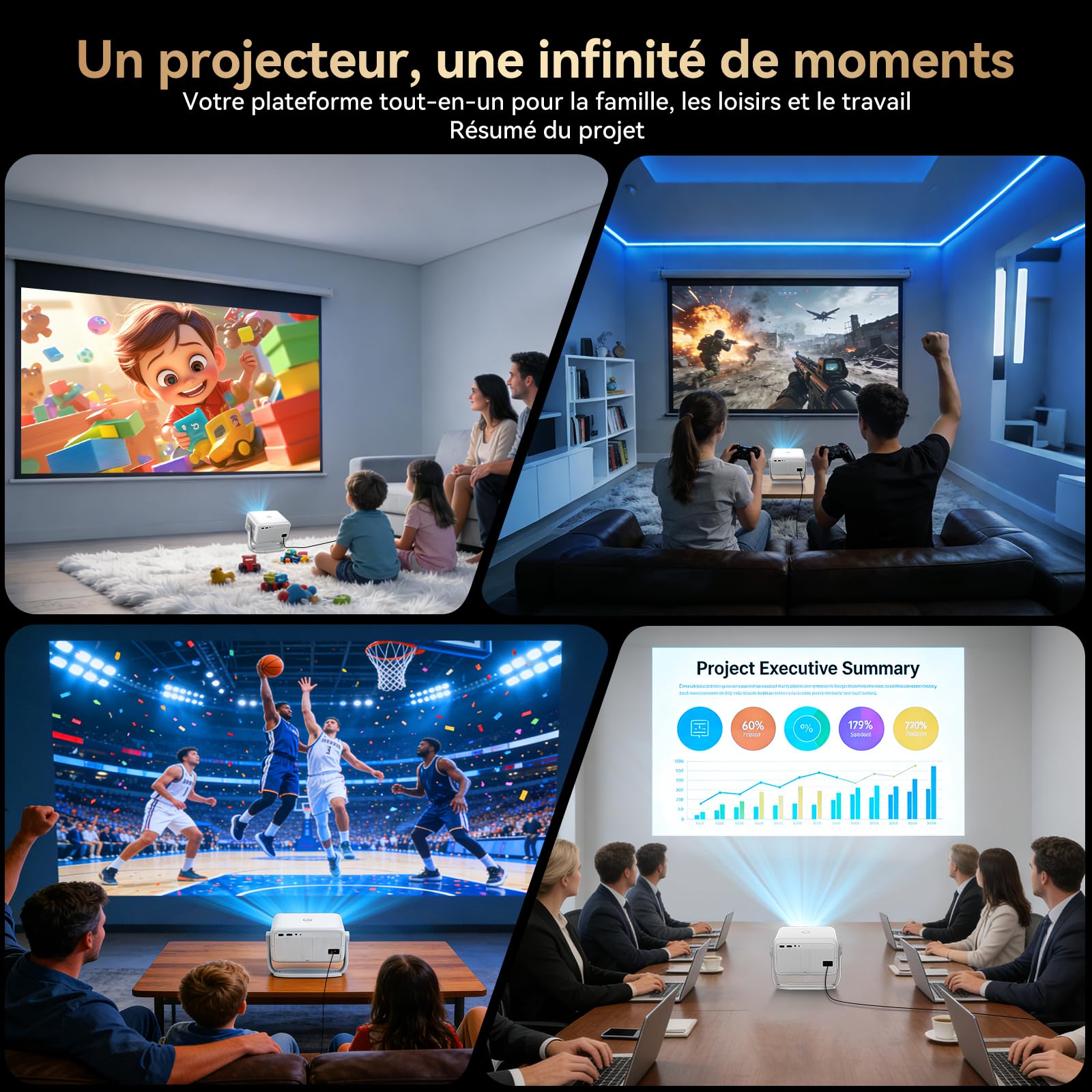 Vidéoprojecteur 4K 【Compatible avec Netflix/App intégrée】 Rotation à 360° Mini Projecteur Video Wi-FI 6 & Bluetooth 5.2 Auto Focus/Keystone 1080P Videoprojecteur Portable - Cadeau/Home Cinéma