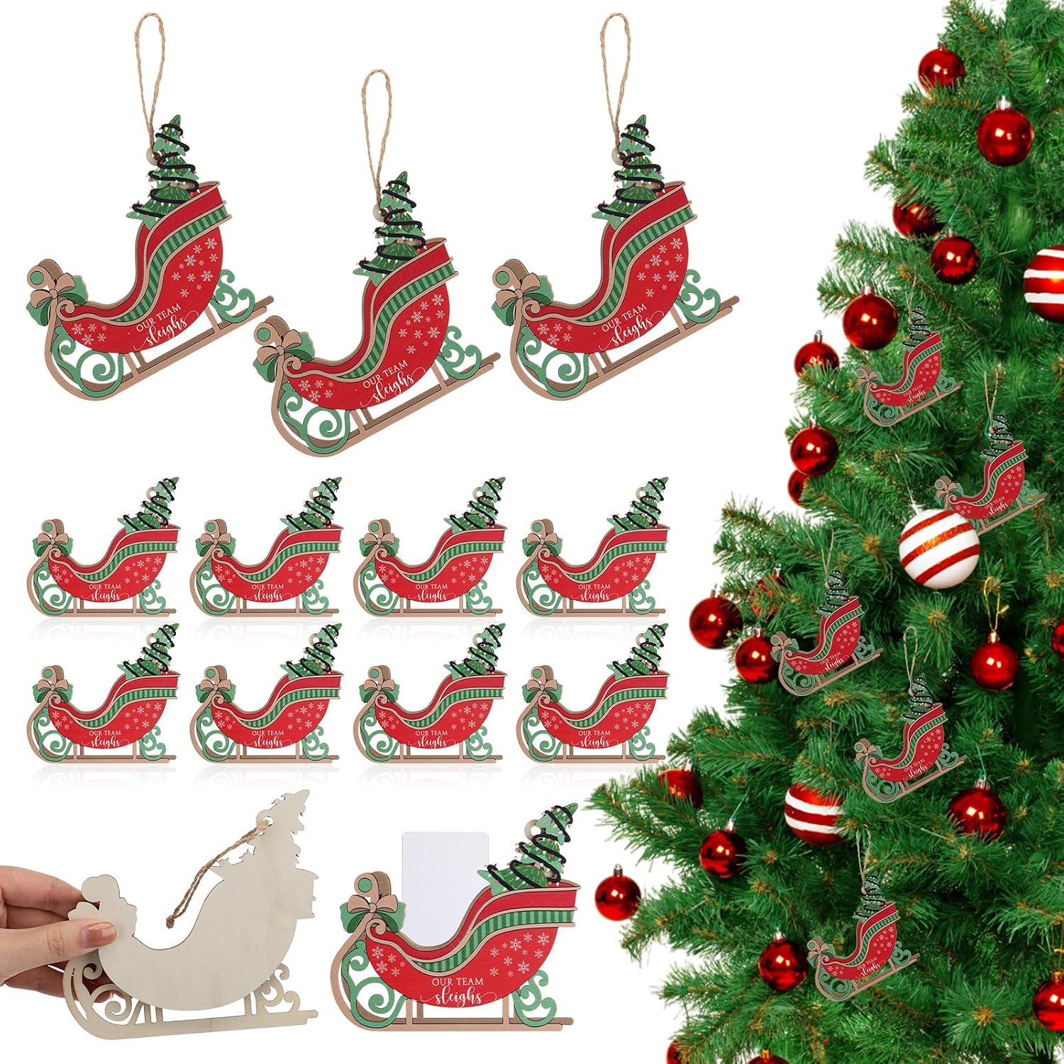 Yookeer 20 Pcs Christmas Tree Hanging Ornaments Wooden Sleigh Sled Gifts Card Holder for Team Santa Claus Sleigh Christmas Tree Decoration for Coworker Employee Office Staff Holiday Decoration