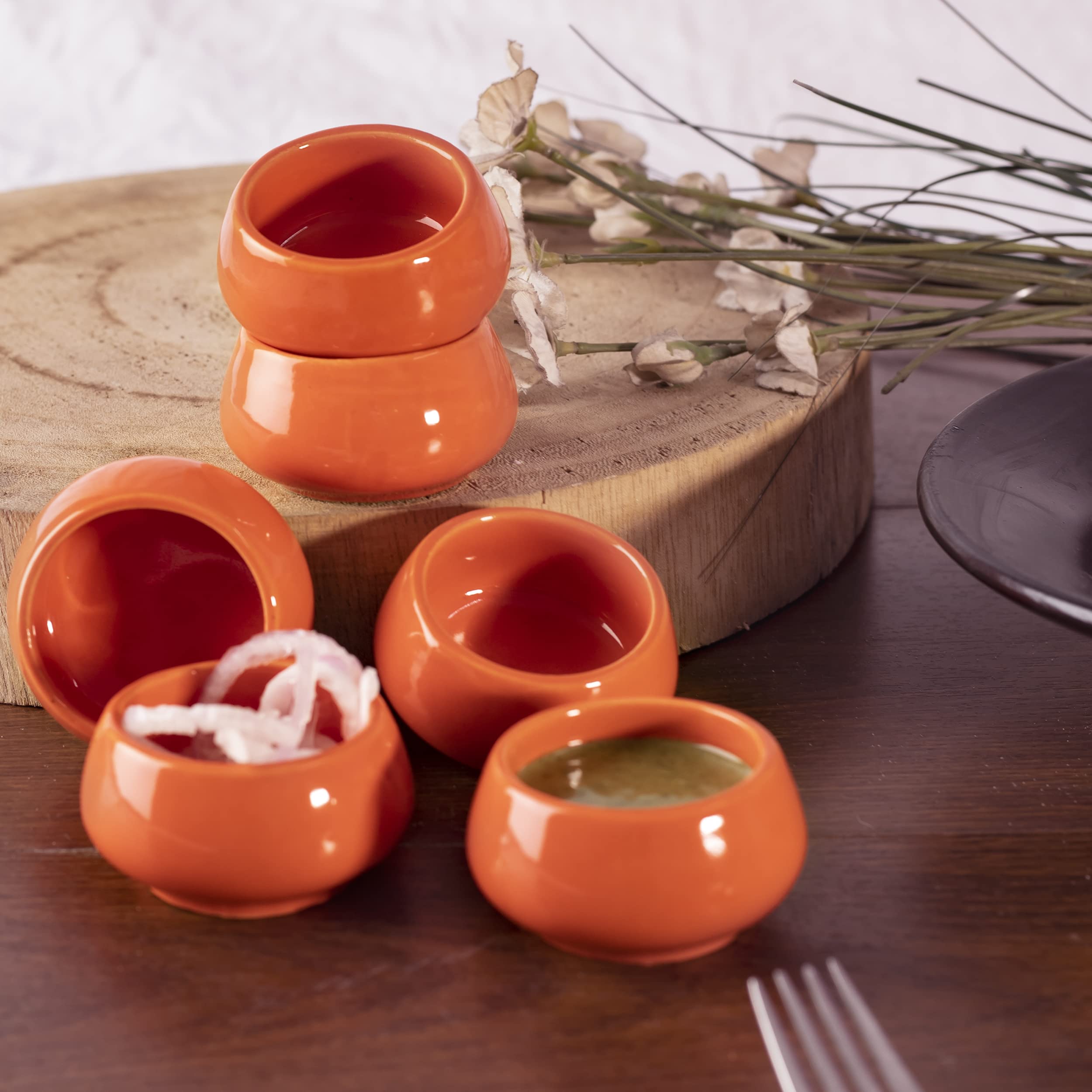 Lupaava Ceramic Serving Dip Sauce Chutney Mini Bowls Dips (Set of 6 / Each 35ml) Orange