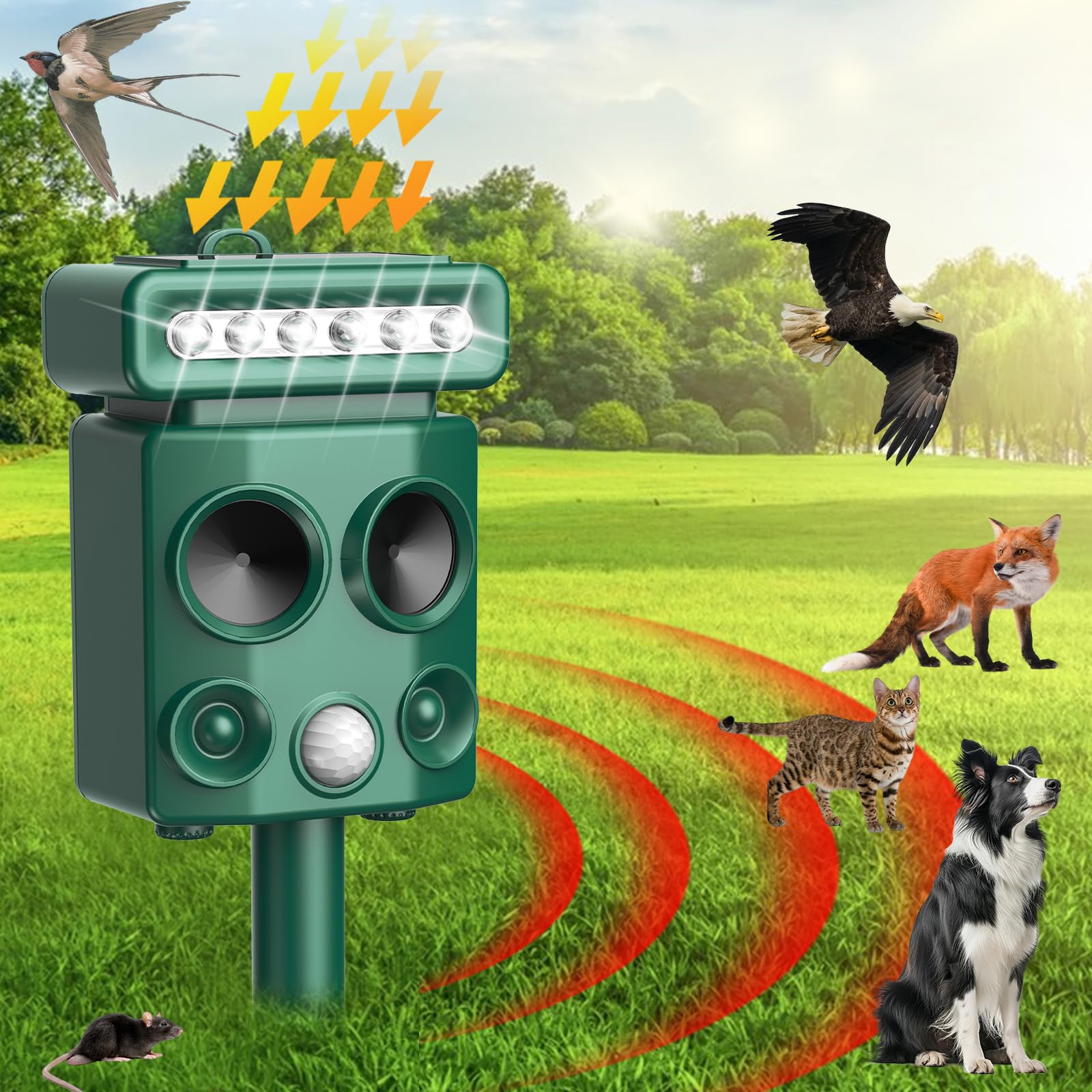 Repelente para Gatos, Ahuyentador de pájaros, IP65 Impermeable, disuasión Solar ultrasónico, Ahuyentador de Ratas con LED Intermitentes, Perros, Ratones, Zorros