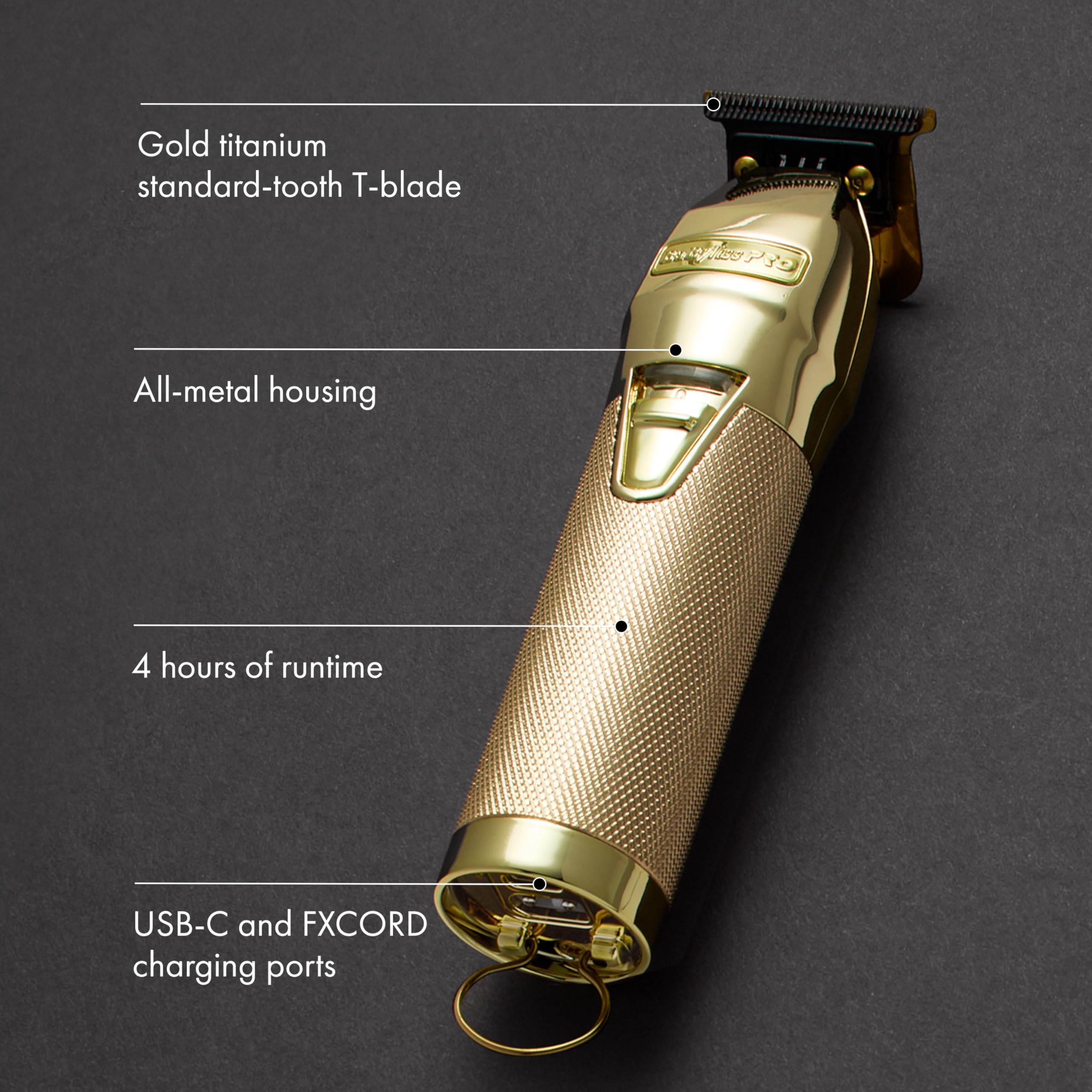 BaBylissPRO GOLDFX+ Metall-Lithium-Trimmer mit verbessertem Akku, 7200 U/min, 4 Stunden Laufzeit, DLC/Titan-Klinge, Ganzmetallgehäuse, USB-C-Ladestecker, für Unisex-Erwachsene