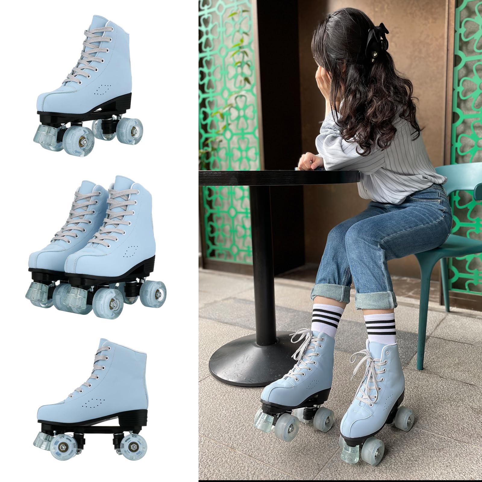 Silvertree Patins à roulettes pour femme en cuir synthétique, patins à quatre roues, patins à roulettes brillants avec sac de transport pour fille (pointure femme et homme 38)