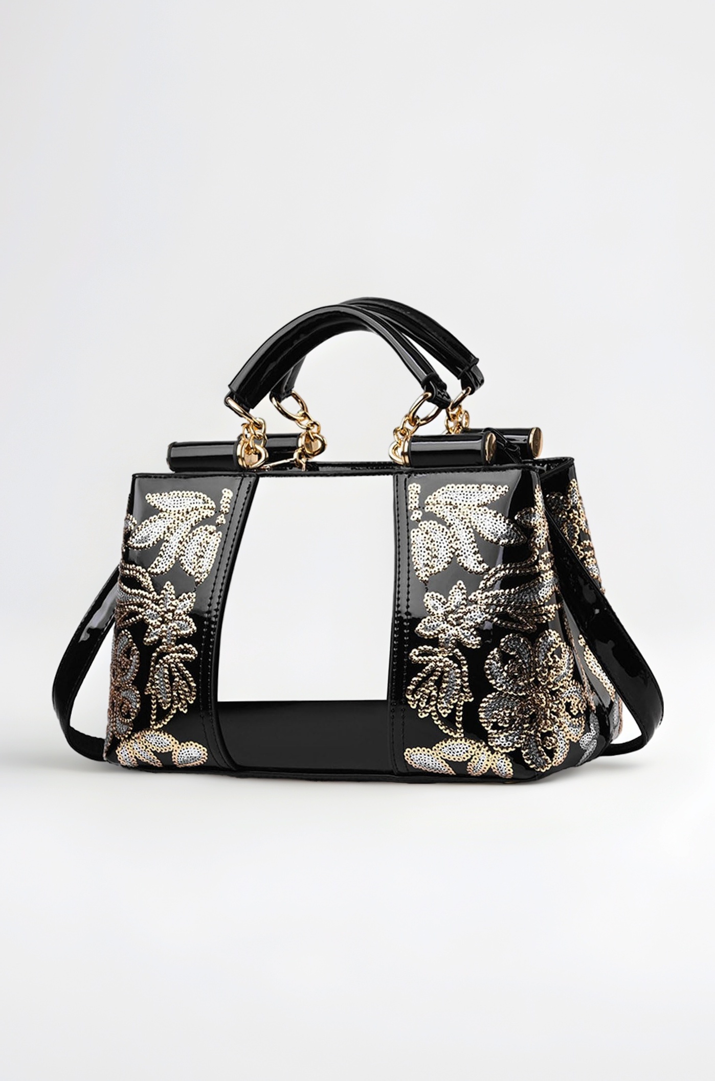 Women Patent Leather Fashion Handbags Double Sided Sequin Embroidery Shoulder Bag Top Handle Satchel Purse