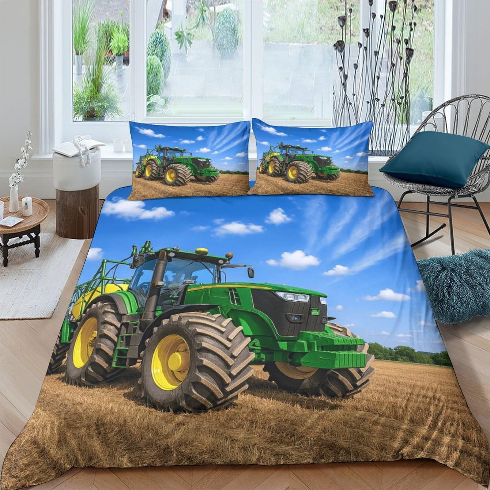 Ctjqhvkz Style-7 3D Printed Green Tractor Fitted Sheet Microfiber Soft Breathable Farm Field Bed Cover For Bedroom Guest Room Dorm Use Single（135X200cm）