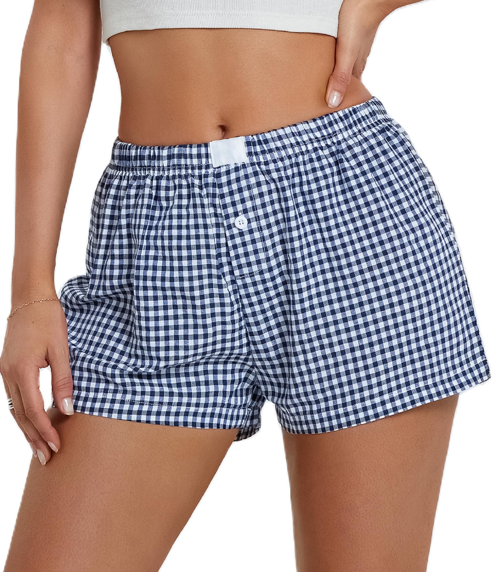 BUNSLOOM Damen Leinen Plaid Shorts Gummiband Hotpants Sommer Weite Kurze Hosen Karierte Lounge Schlafshorts Y2K Strandhosen