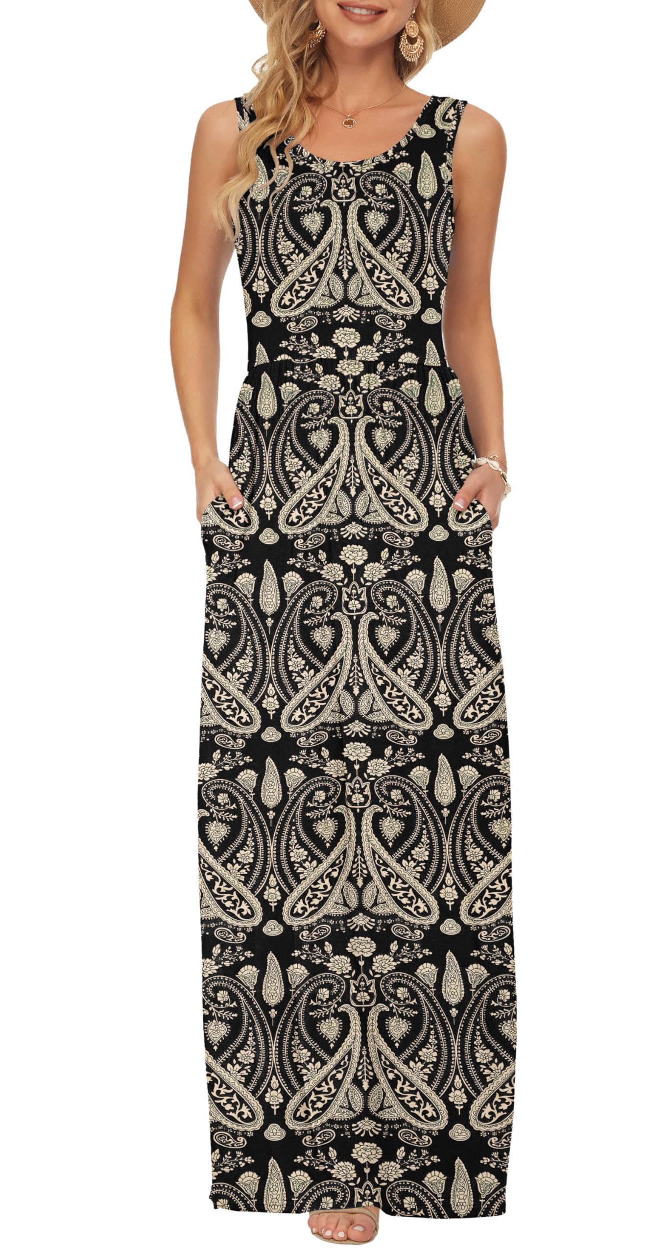 AUSELILY Women's Summer Maxi Dress | Sleeveless, pockets, loose, casual, long, breathable material 2-Boho Floral Black XXL