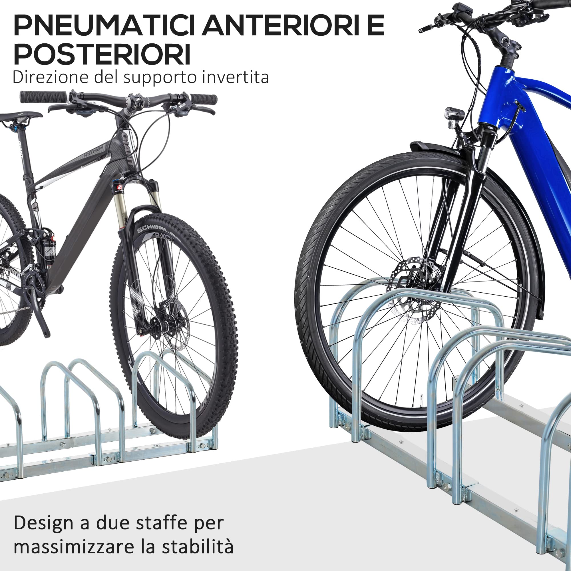 HOMCOM Rastrelliera Biciclette da Pavimento o Parete, Portabici da Terra per 6 Biciclette in Acciaio, Ruote Fino 65 mm, 179x33x27 cm, Argento