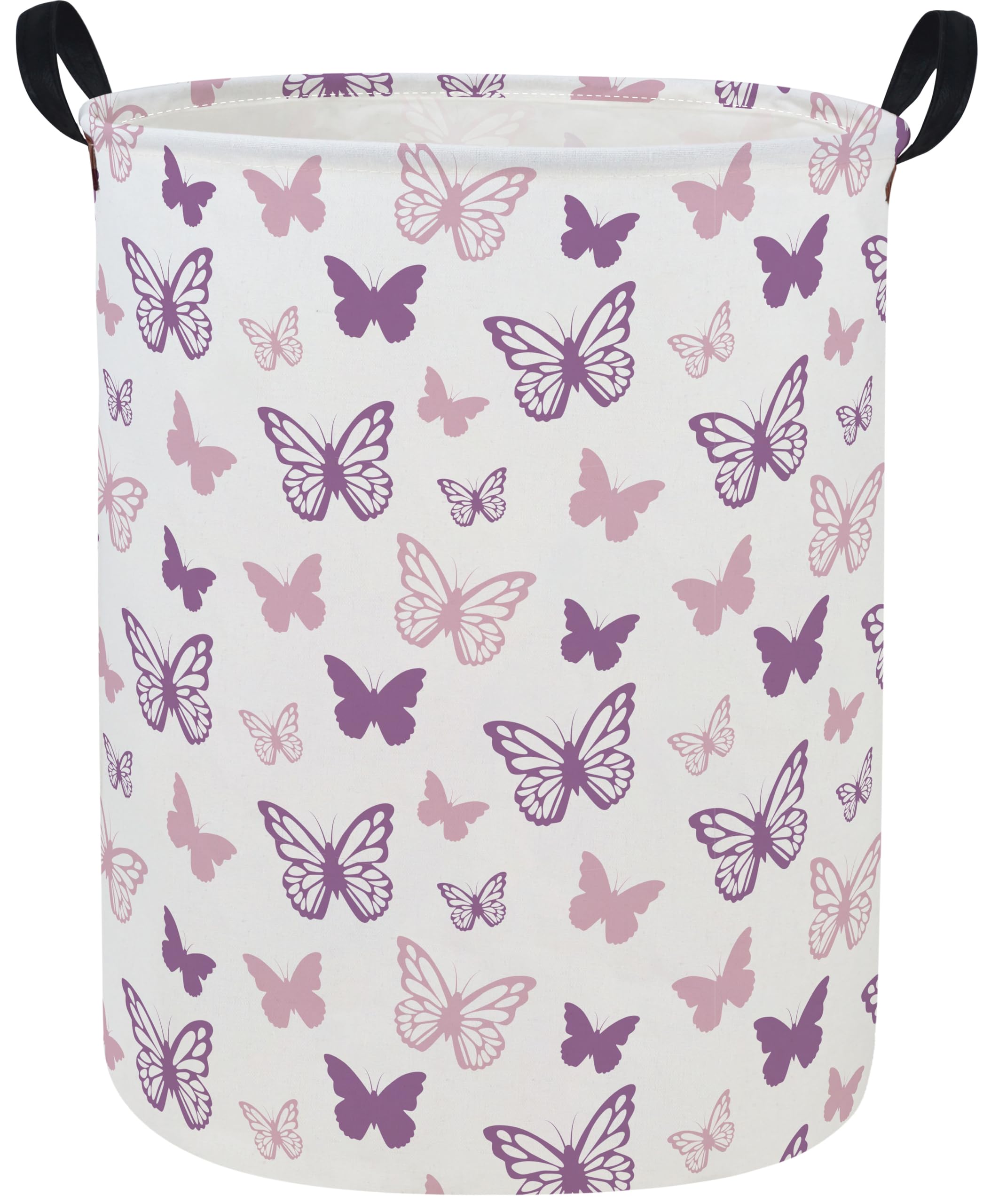 ESSME Butterfly Laundry Basket,Hamper Collapsible Canvas Waterproof Storage Bin,Gift Baskets,(Purple Butterfly)