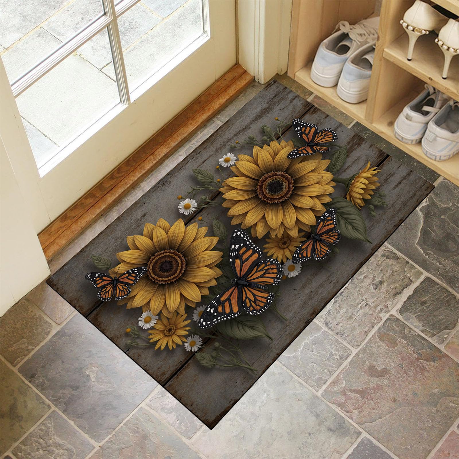 Tapis d'entrée intérieur 80x120cm tournesol et papillon antidérapant jaune
