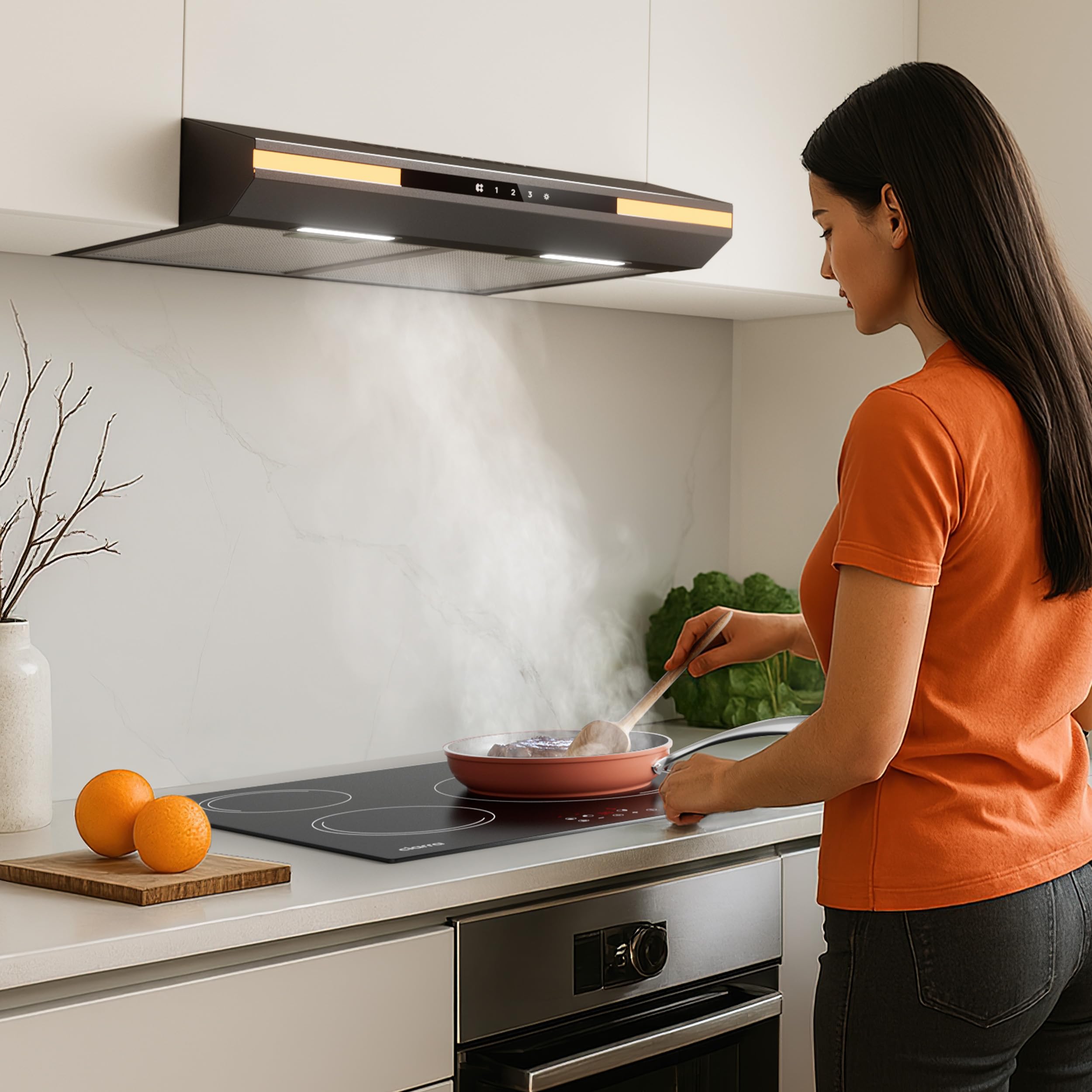 CIARRA CBCB6921 Cappa Aspirante 60cm Classe A+, 3 Velocità 300m³/h, Ricircolo ed Espulsione, Touch Screen Luce Ambientale Extra Cappa Sottopensile Nero con Filtro Carbone CBCF011