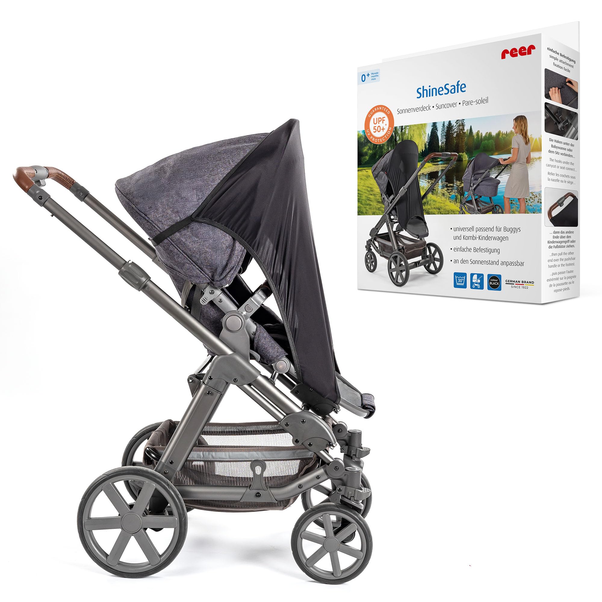 reer ShineSafe Sonnenverdeck | Universal-Sonnenschutz für Kinderwagen & Buggys | UV-Schutz 50+ | flexibel verstellbar & leicht zu befestigen | Farbe: grau