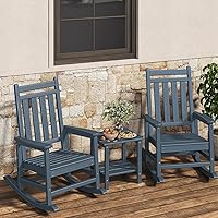 Garvee HDPE Rocking Chair Set of 2 with Side Table - All-Weather Poly High Back Porch Rockers for Patio, Navy Blue