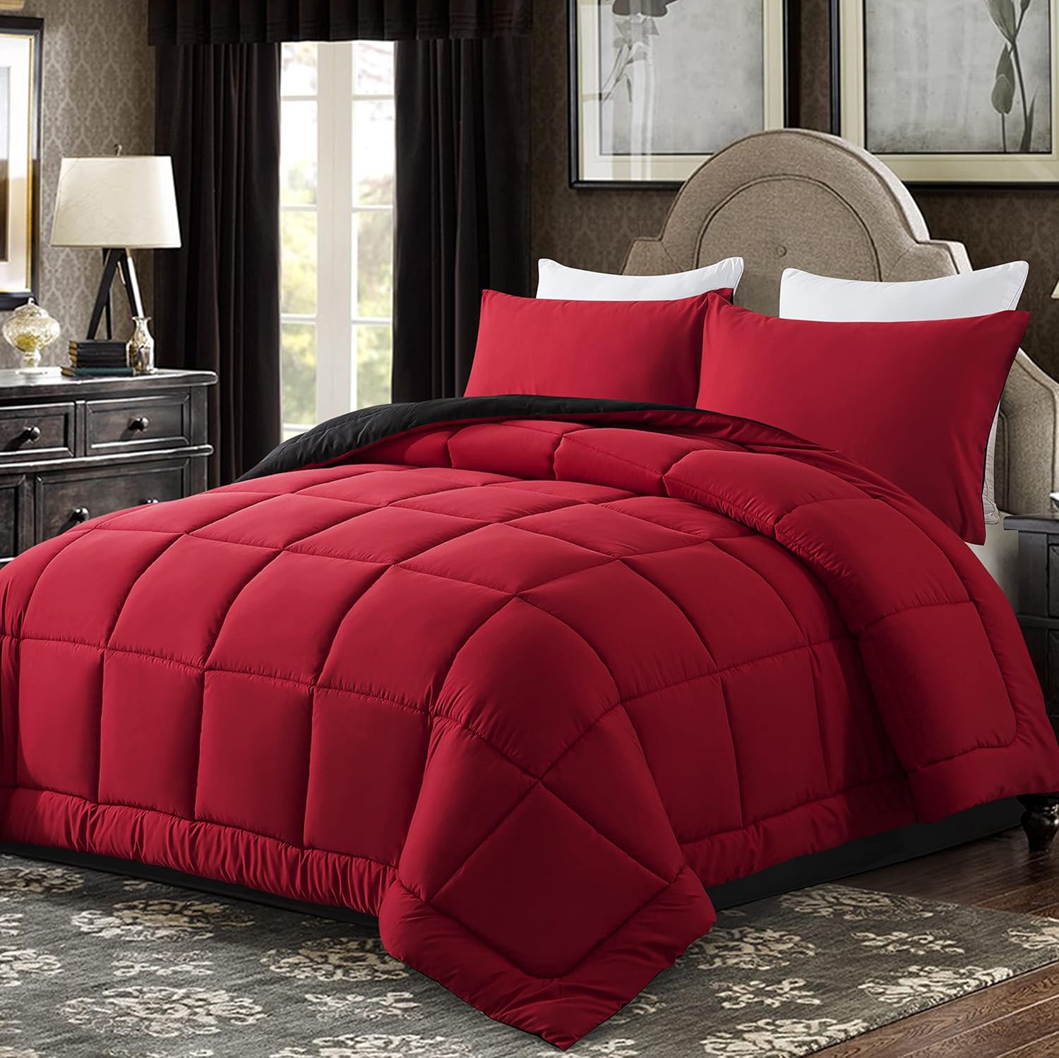 DOWNCOOL All Seasons Red/Black Bedding Comforters & Sets with 2 Pillow Cases 3