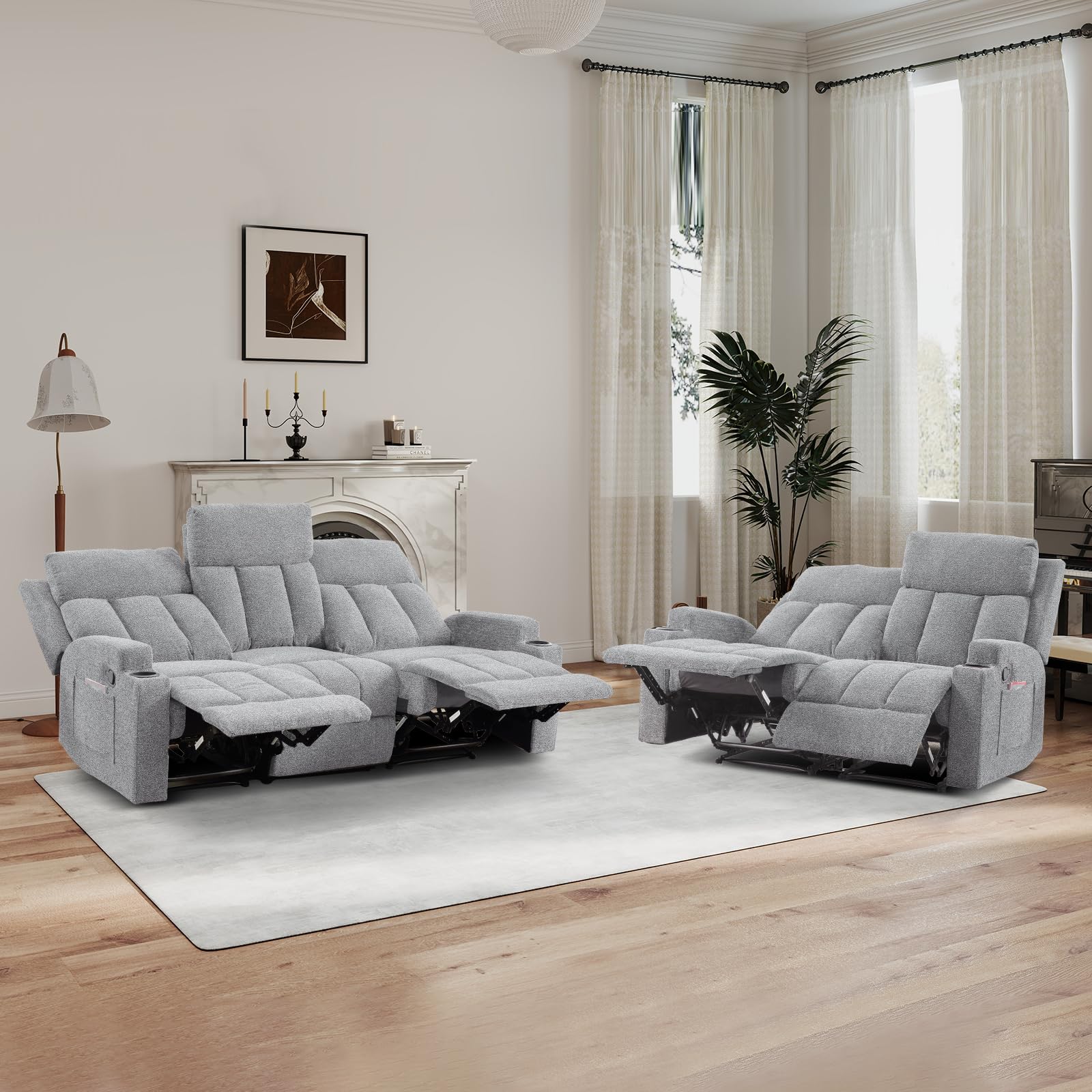 CANMOV Manual Recliner Sofa Set, Fabric Reclining Sofa Chair with Side Pockets and Cup Holders, Living Room Set Includes 3 Seate&Loveseat for Bedroom, Meeting Room, Home Theater, Light Grey view 9