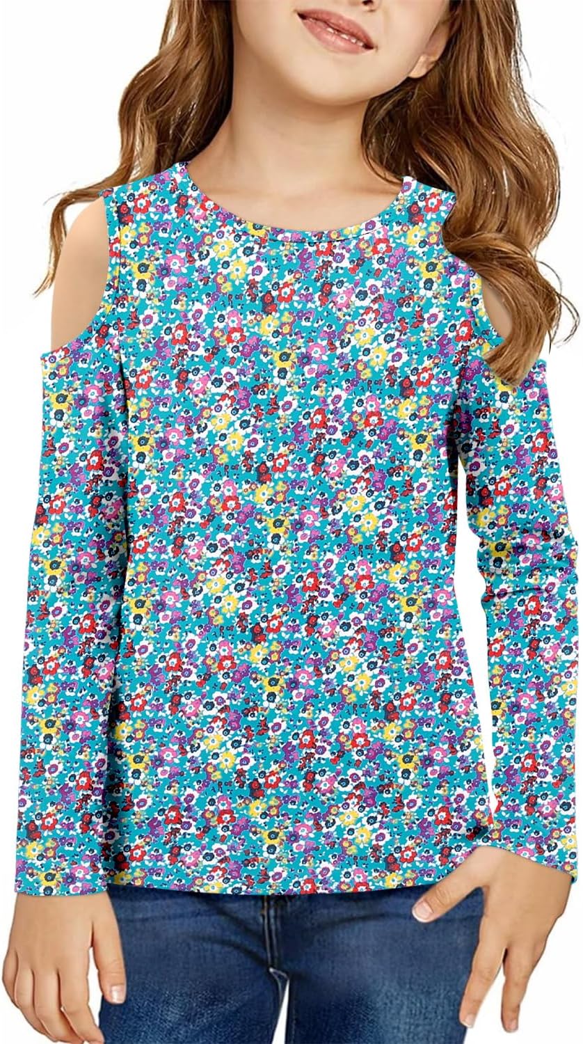 storeofbaby Girls Casual Cold Shoulder Shirts Long Sleeve Crewneck Tops Loose Fit Blouses 5-14 Years - Image 2