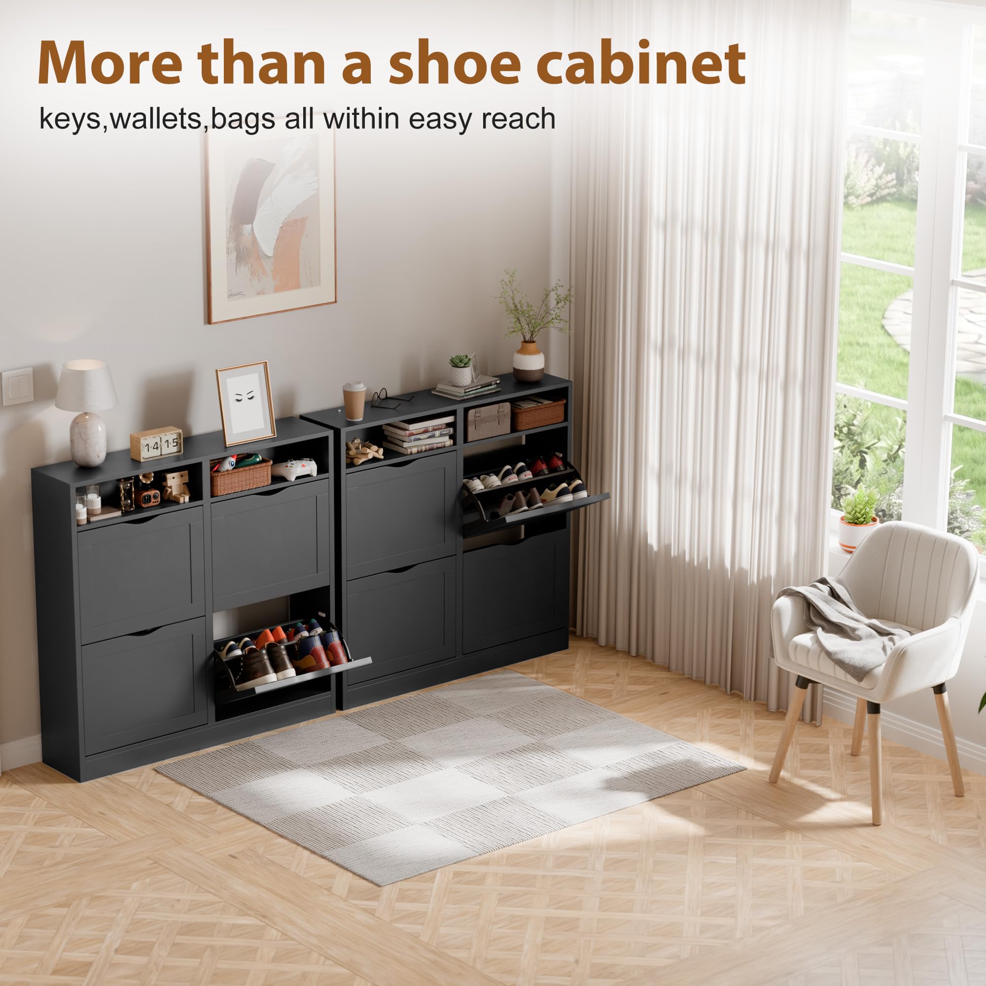ELUCHANG Schuhschrank schmal mit 4 Klappen / 8 Ablagen, Platzsparender Schuhkipper Schuhkommode, Geschlossen Schuhregal, Shoe Cabinet Flurschrank für Diele/Flur/Garderobe, Schwarz