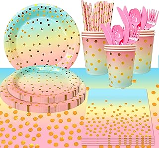 Rainbow Birthday Decorations Tableware,193pcs Gold Dot Rainbow Birthday Party Tableware Set - Pastel Party Plates Cup, Pastel Golden Dot Napkins Tablecloth etc Rainbow Pastel Birthday Party Supplies