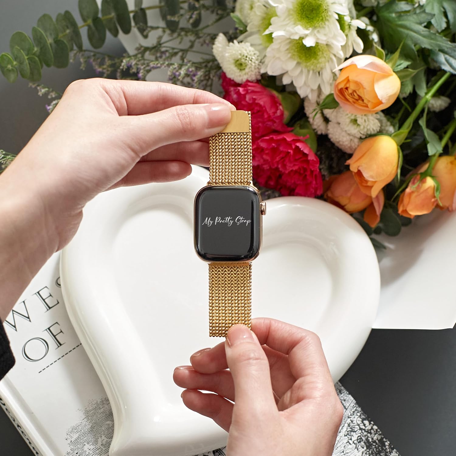 My Pretty Strap - Compatible Apple Watch Band Strap, Stainless Steel Fashion iWatch Replacement Strap- Easy Resizing, No Tool Needed, Fits Most Wrists- Series 1-11, SE and Ultra