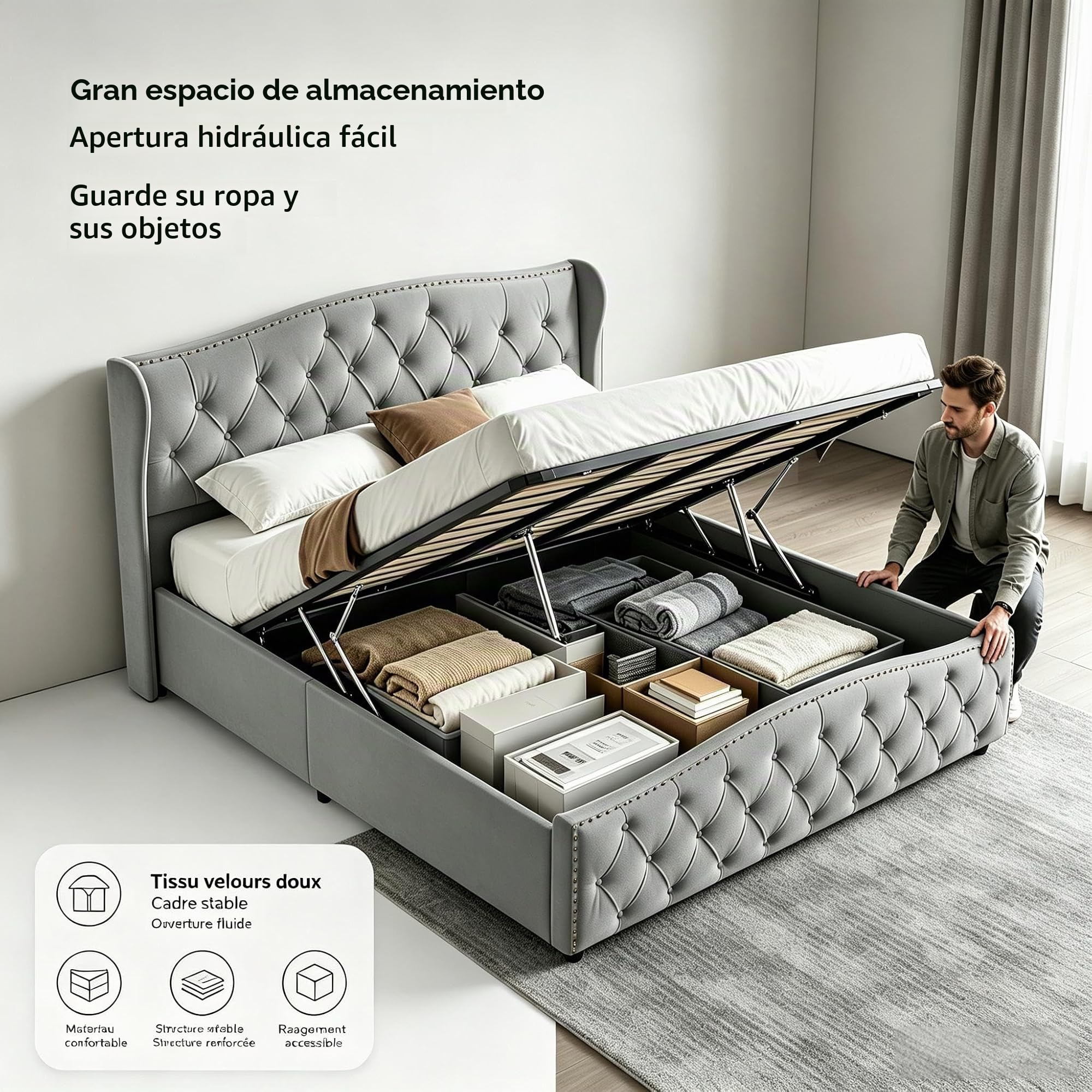 Cama matrimonial de 140 x 200 cm con patas de listones, cama con cajón de 140 x 200 cm con contenedor hidráulico, cama tapizada de 140 x 200 con cabecero para adultos y adolescentes (gris-1, 140 x 200