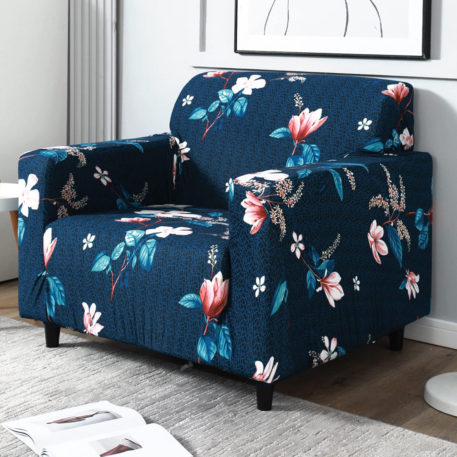 HOKIPO Sofa Cover 1 Seater Fully Covered, Blue Mixed Flowers