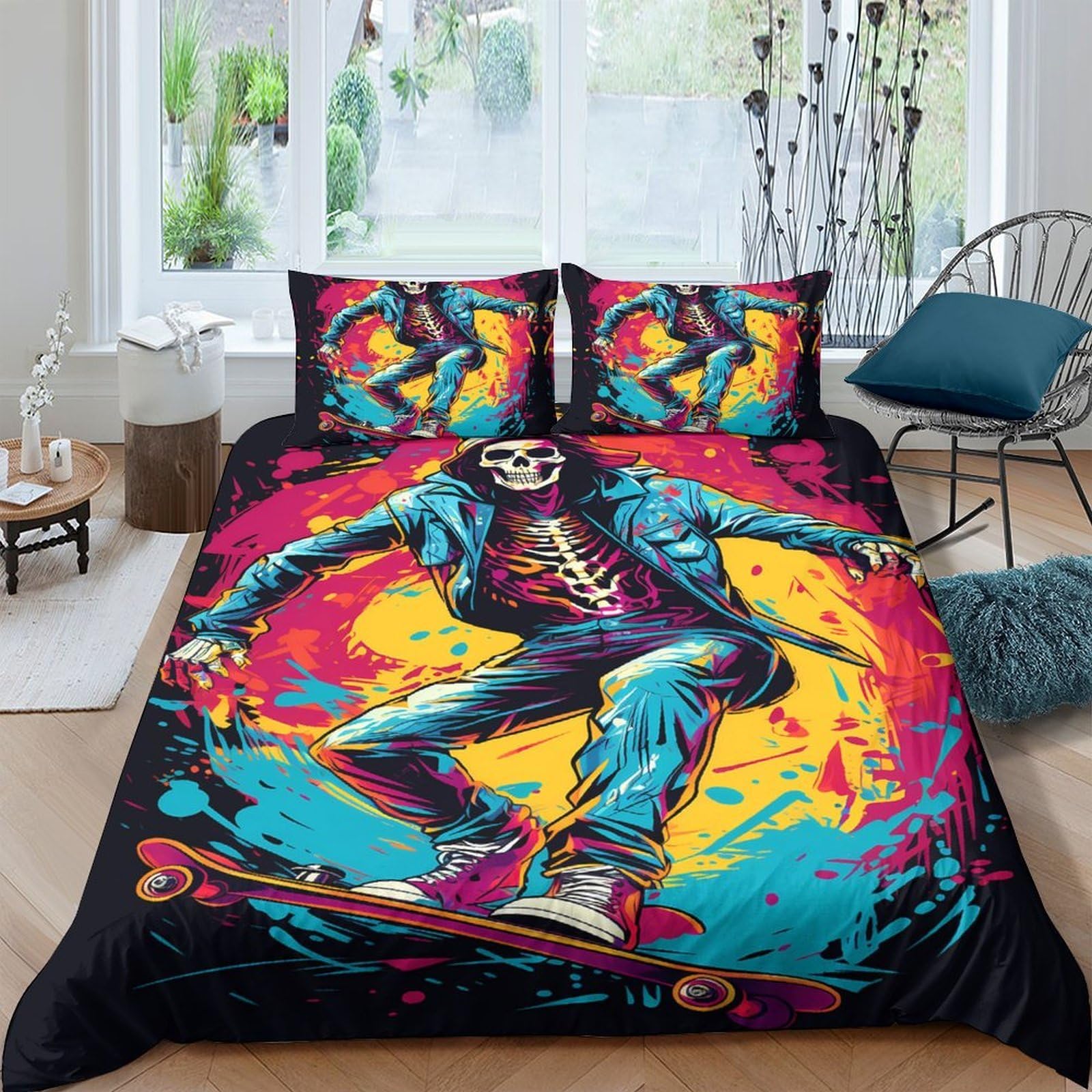 TUFRTGYHN 3D Printed Skateboard Skeleton Duvet Cover Microfiber Soft Breathable Urban Street Bedding Set with 2 Pillowcases for Bedroom Decor Single（135x200cm）