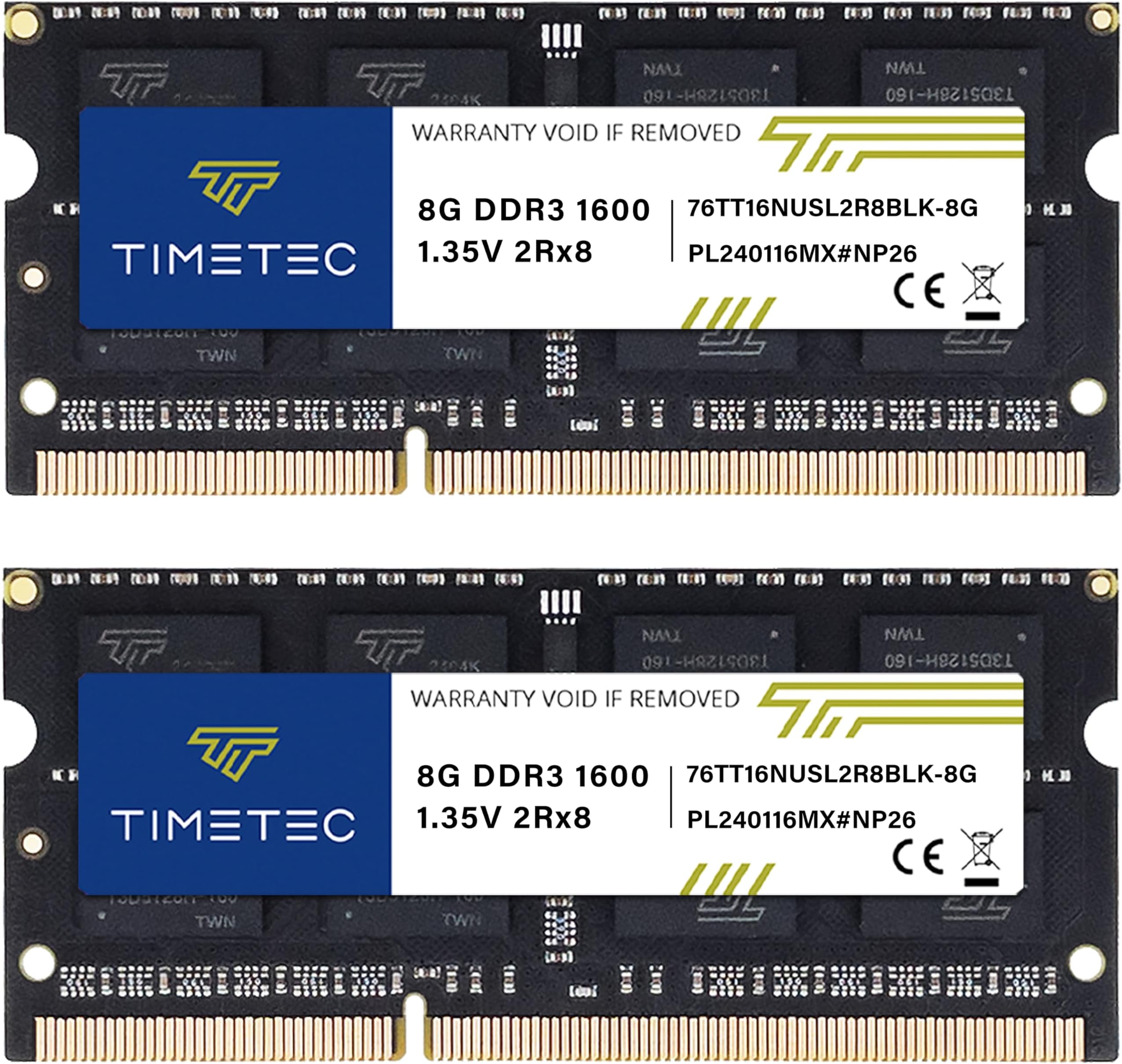 Timetec 16GB KIT(2x8GB) DDR3L / DDR3 1600MHz (DDR3L-1600) PC3L-12800 / PC3-12800 Non-ECC Unbuffered 1.35V/1.5V CL11 2Rx8 204 Pin SODIMM Laptop Notebook PC Computer Memory RAM Module Upgrade Black PCB