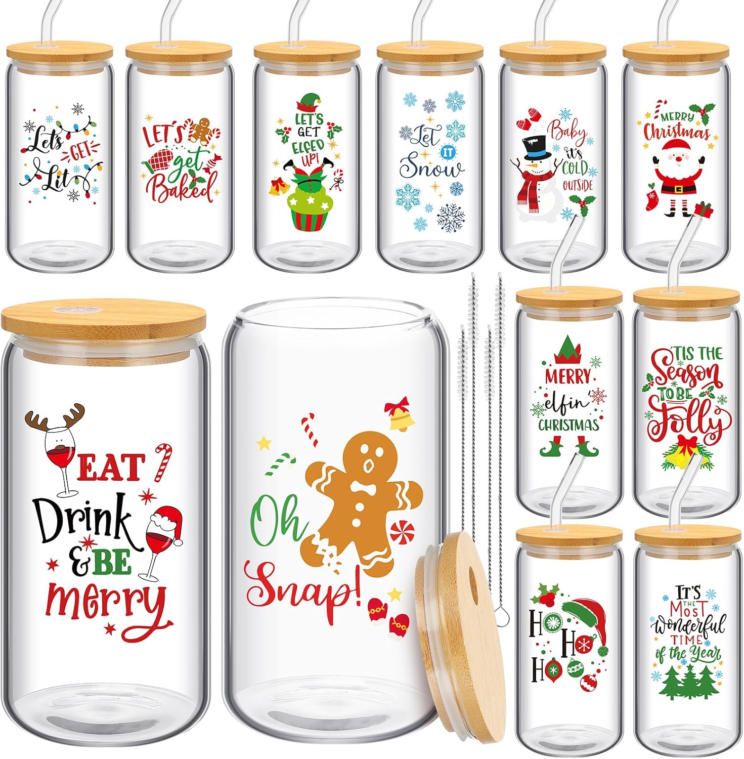 Skylety 12 Pcs Christmas Glasses Cups with Bamboo Lids and Straws, 16 oz Funny Xmas Drinking Glasses, Iced Coffee Cups, Christmas Gifts Can Shaped Tumbler Mason Jars Cups for Women Men